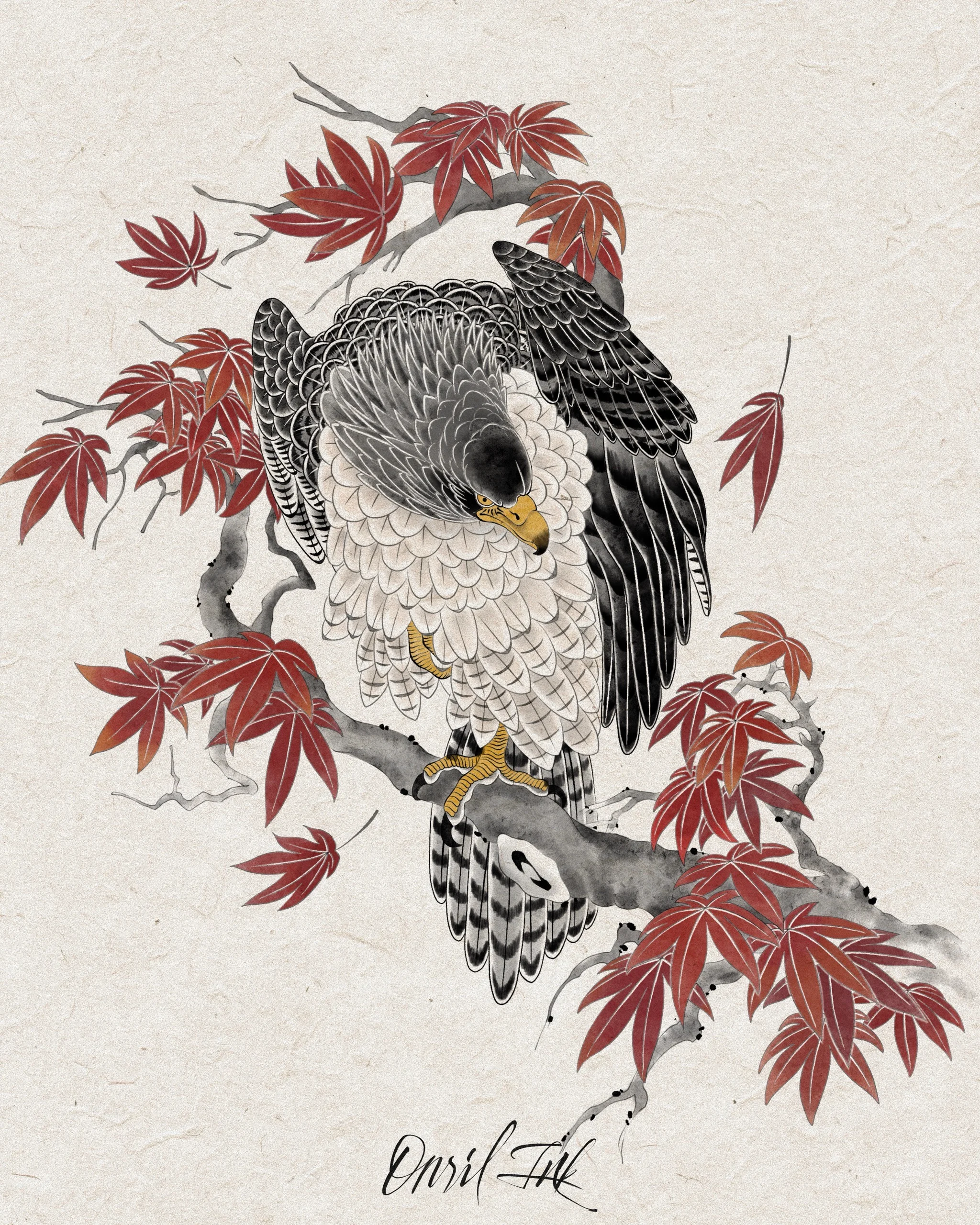 Eagle & Red Maple — original color design on hanji paper