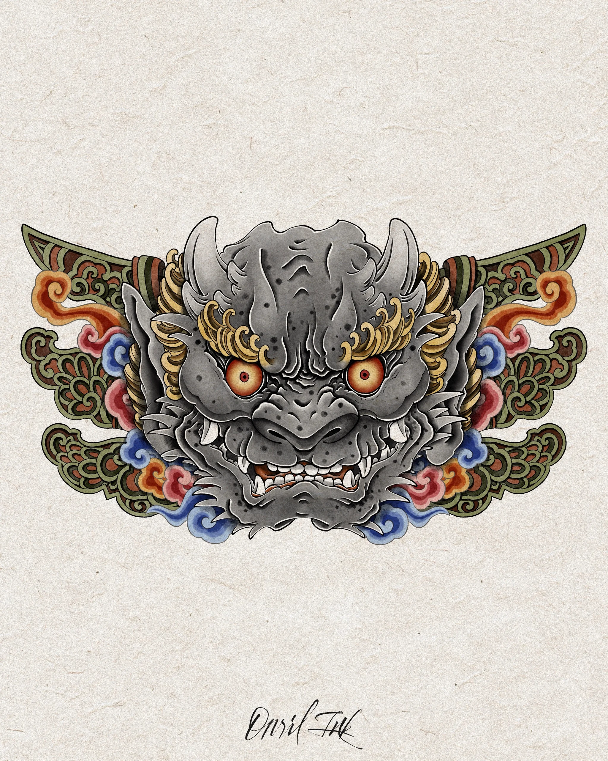 Dokkaebi — Korean traditional tattoo by Onsil, color design