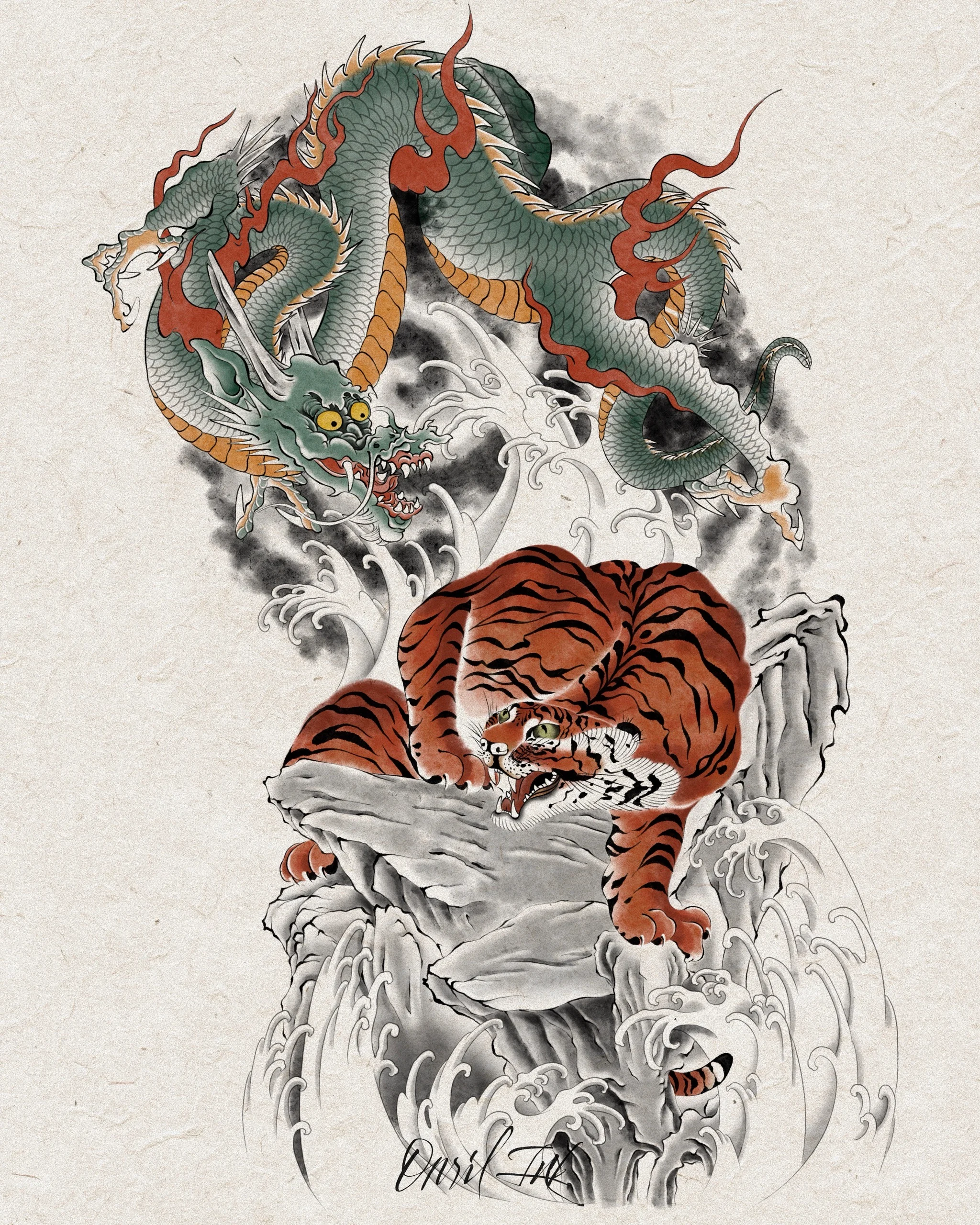 Dragon & Tiger — Korean traditional tattoo by Onsil, color design