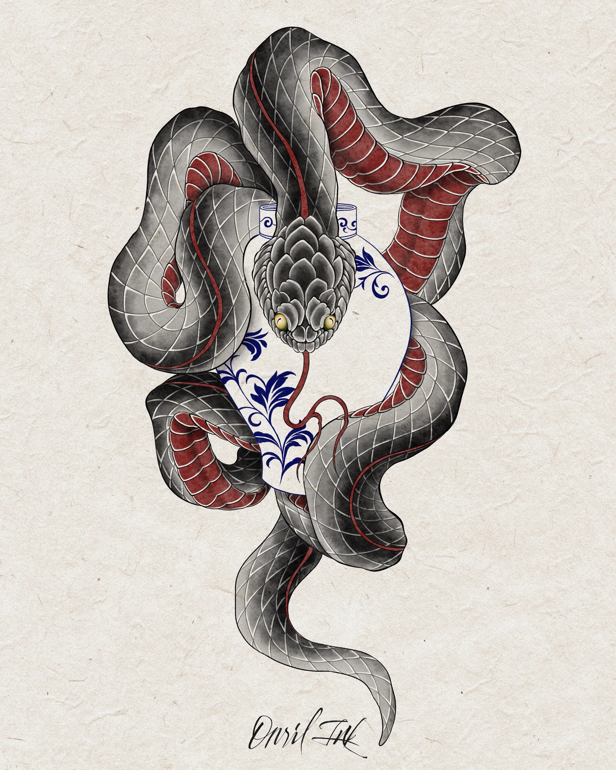 Snake & Porcelain — Korean traditional tattoo by Onsil, color design