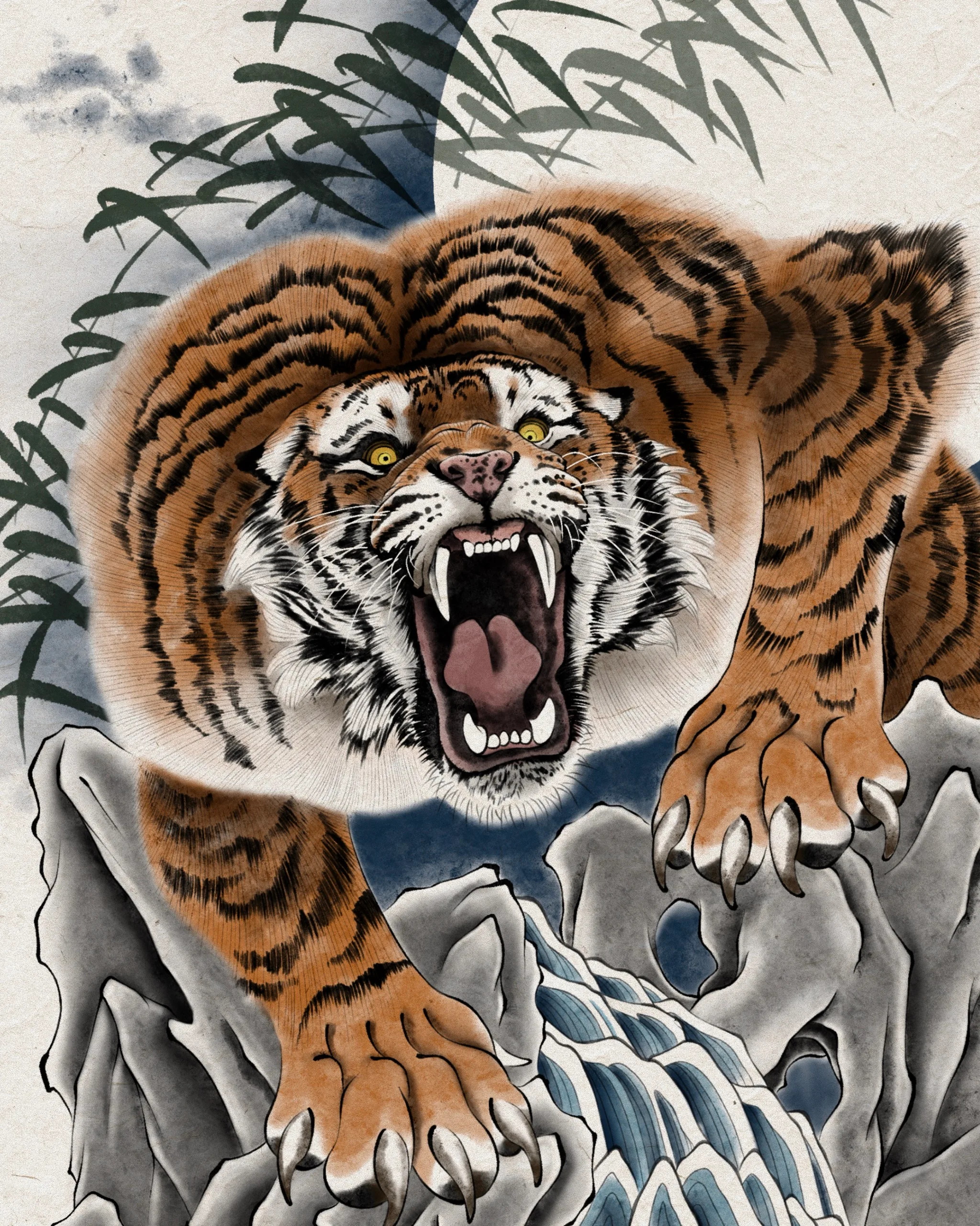 Korean tiger tattoo by Haesol Choi — roaring tiger with rock and waterfall composition.