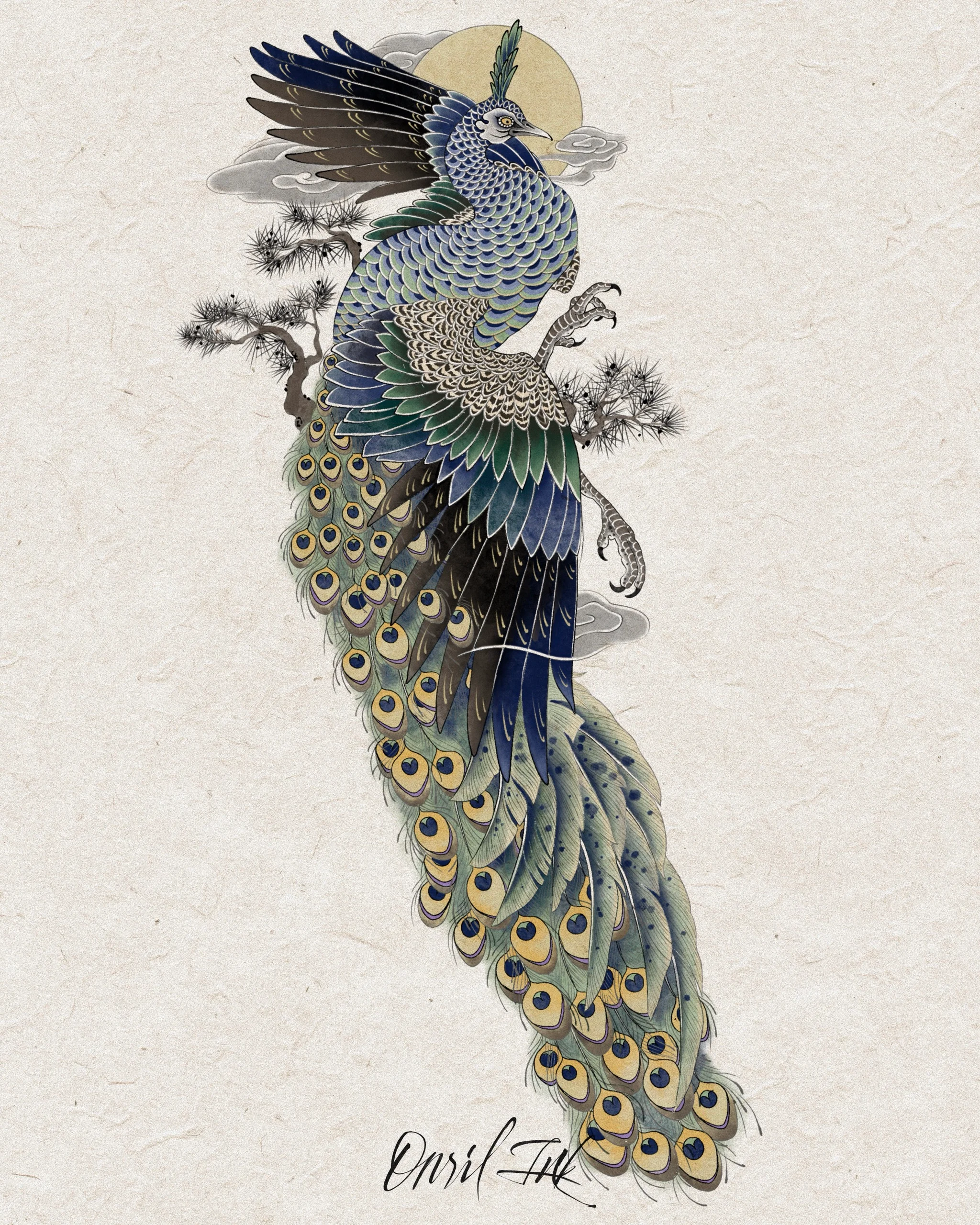 Peacock — Korean traditional tattoo by Onsil, color design