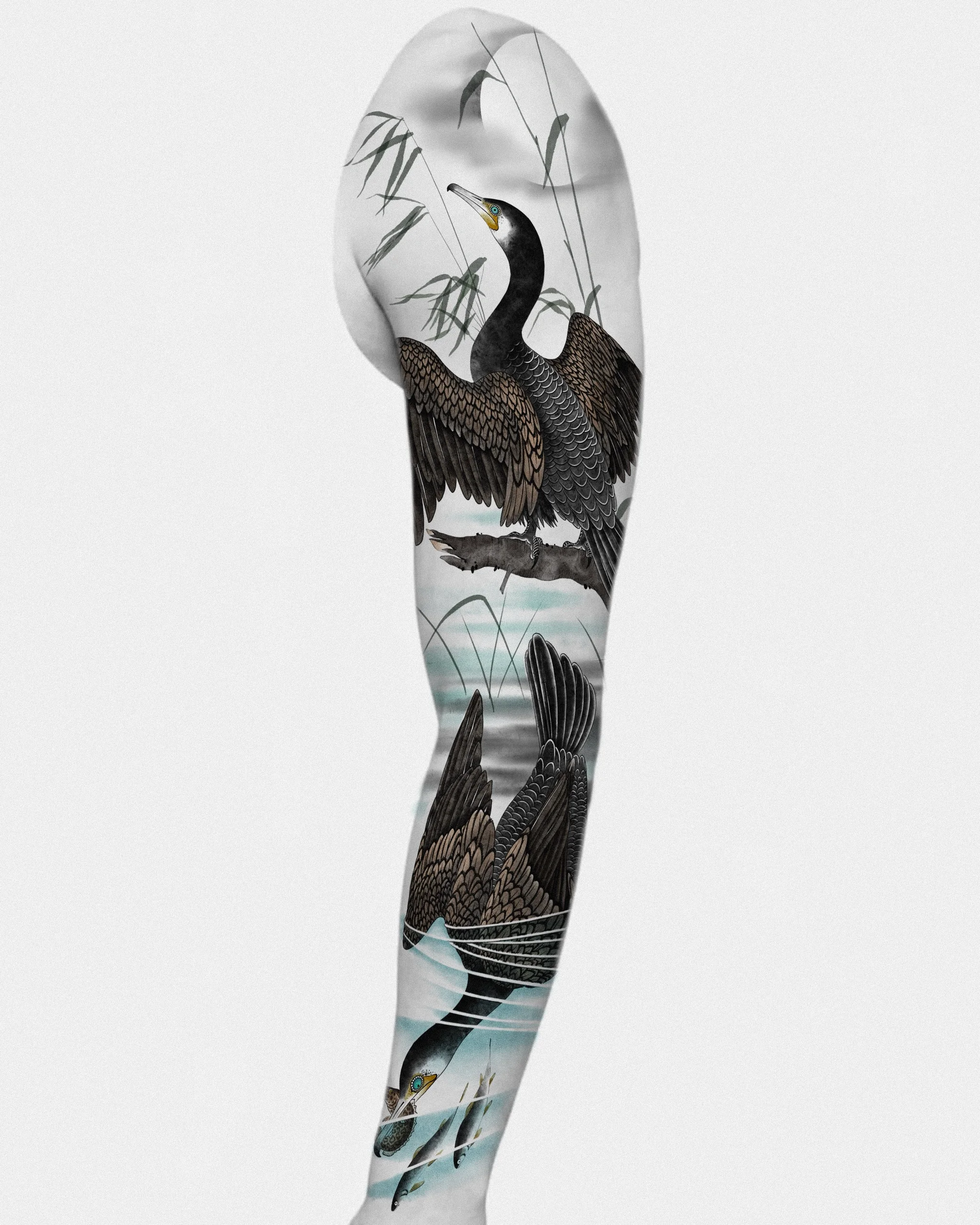 Cormorants — Korean traditional tattoo by Onsil, color design