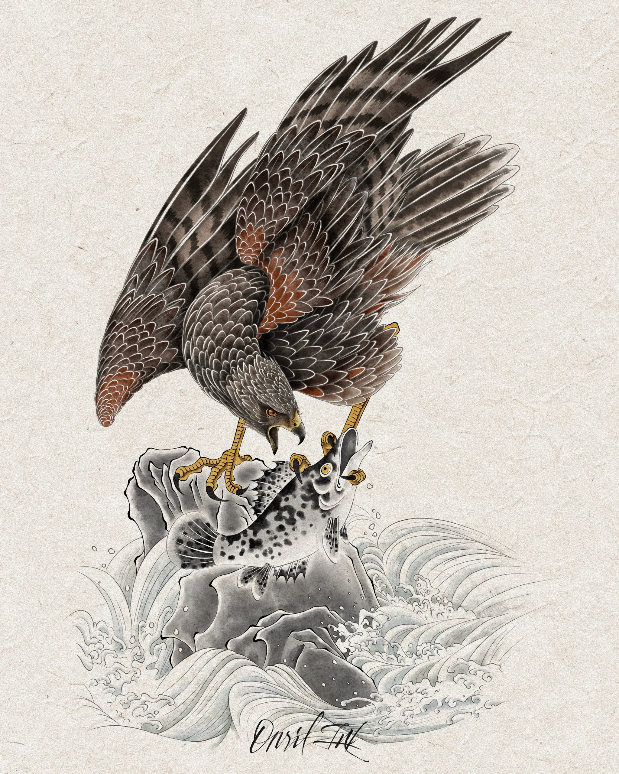 Hawk Over Rock and Waves