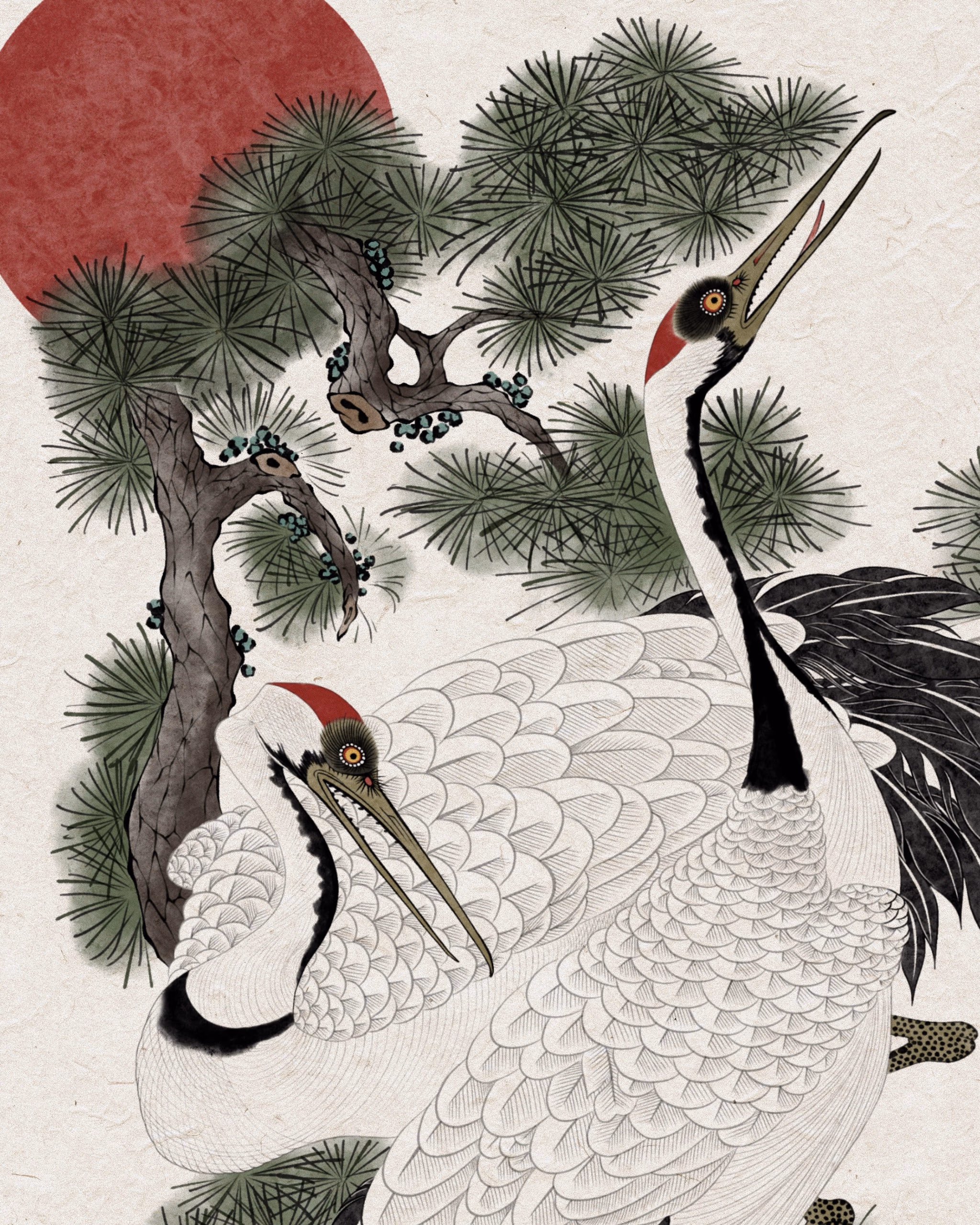 Onsil signature work — Crane & Pine, color design on hanji paper