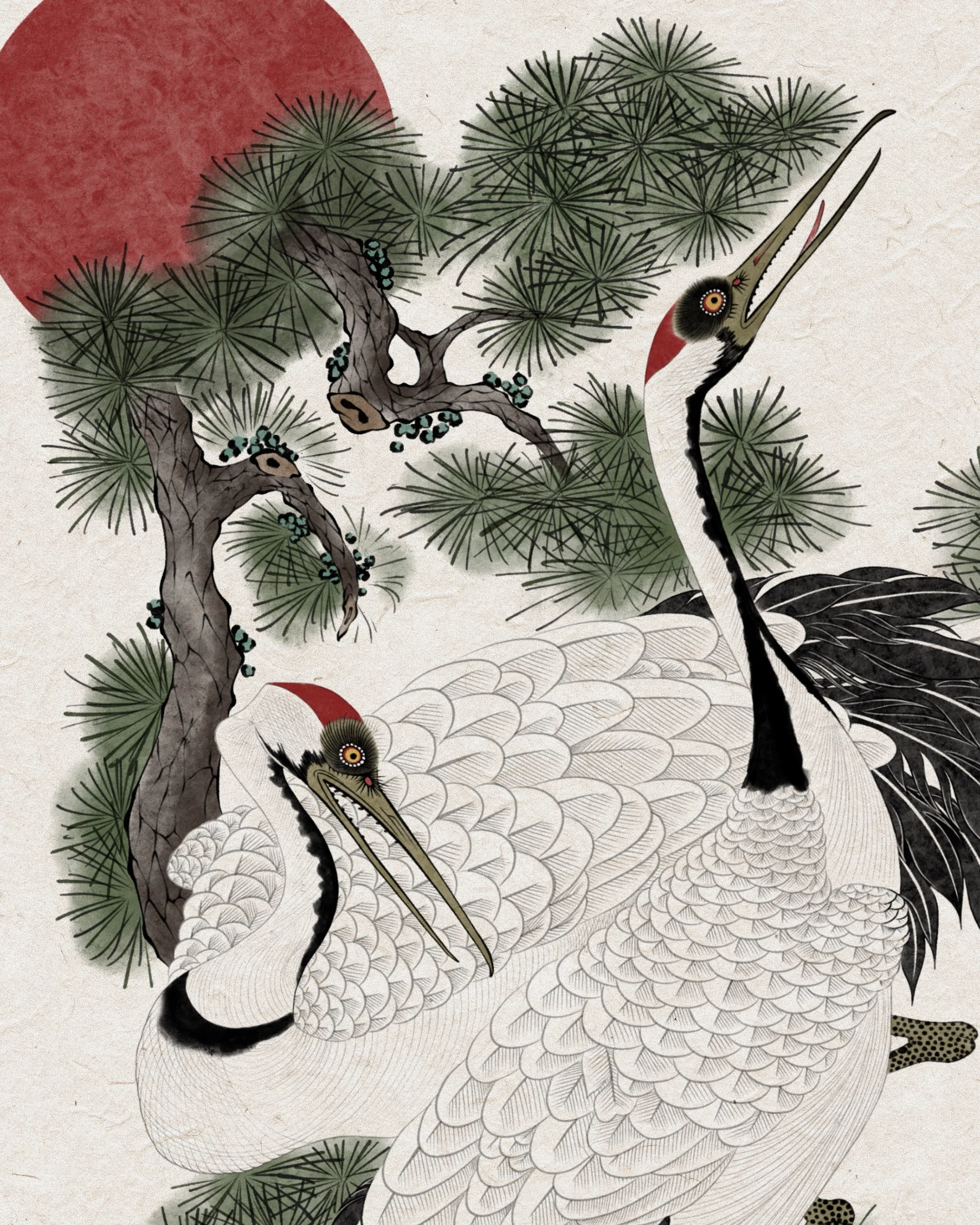 Crane & Pine — color design on hanji paper