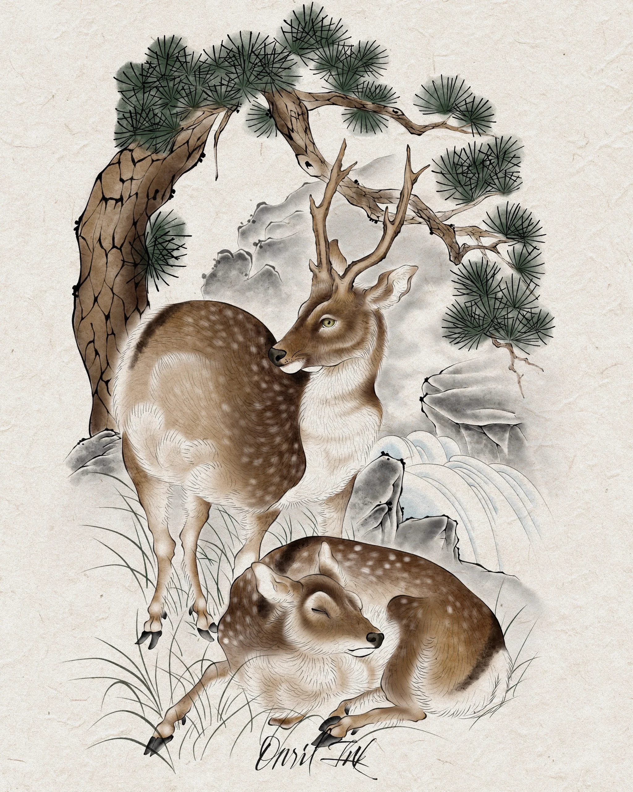 Deer Beneath the Pine — Korean traditional tattoo by Onsil, color design