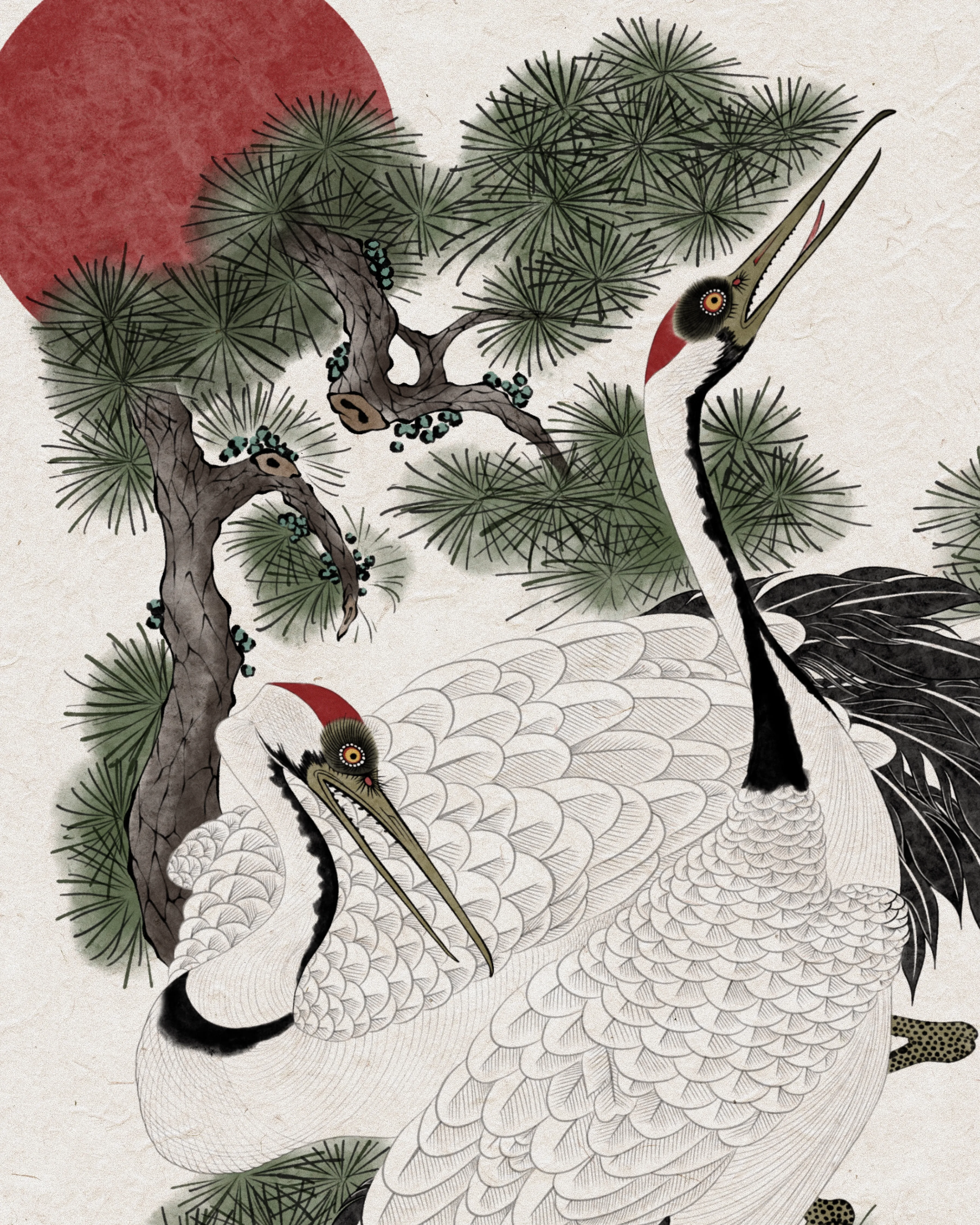 Korean crane tattoo by Haesol Choi — two cranes with pine branches under a red sun (songhakdo composition).