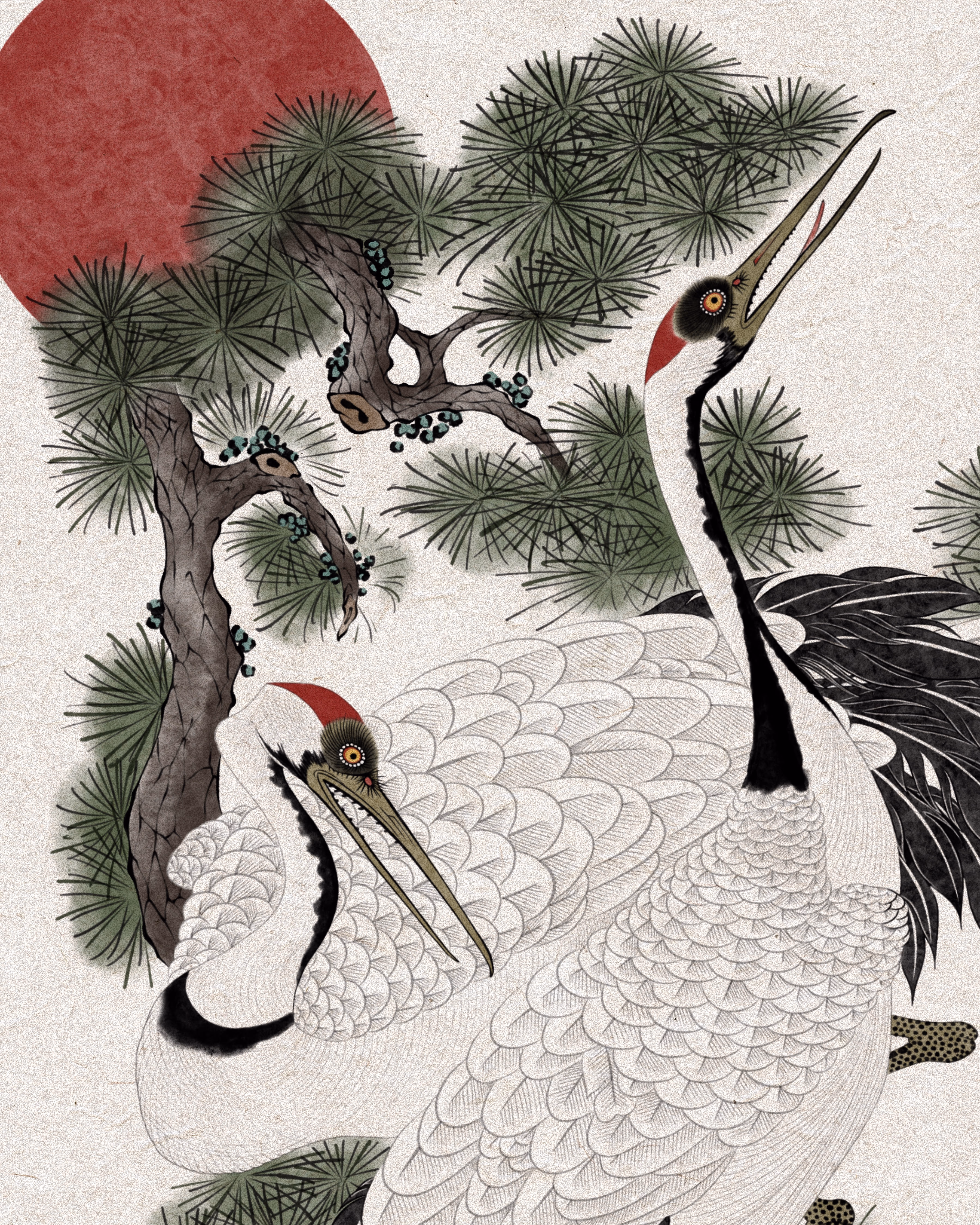 Onsil signature work — Crane & Pine, color design on hanji paper