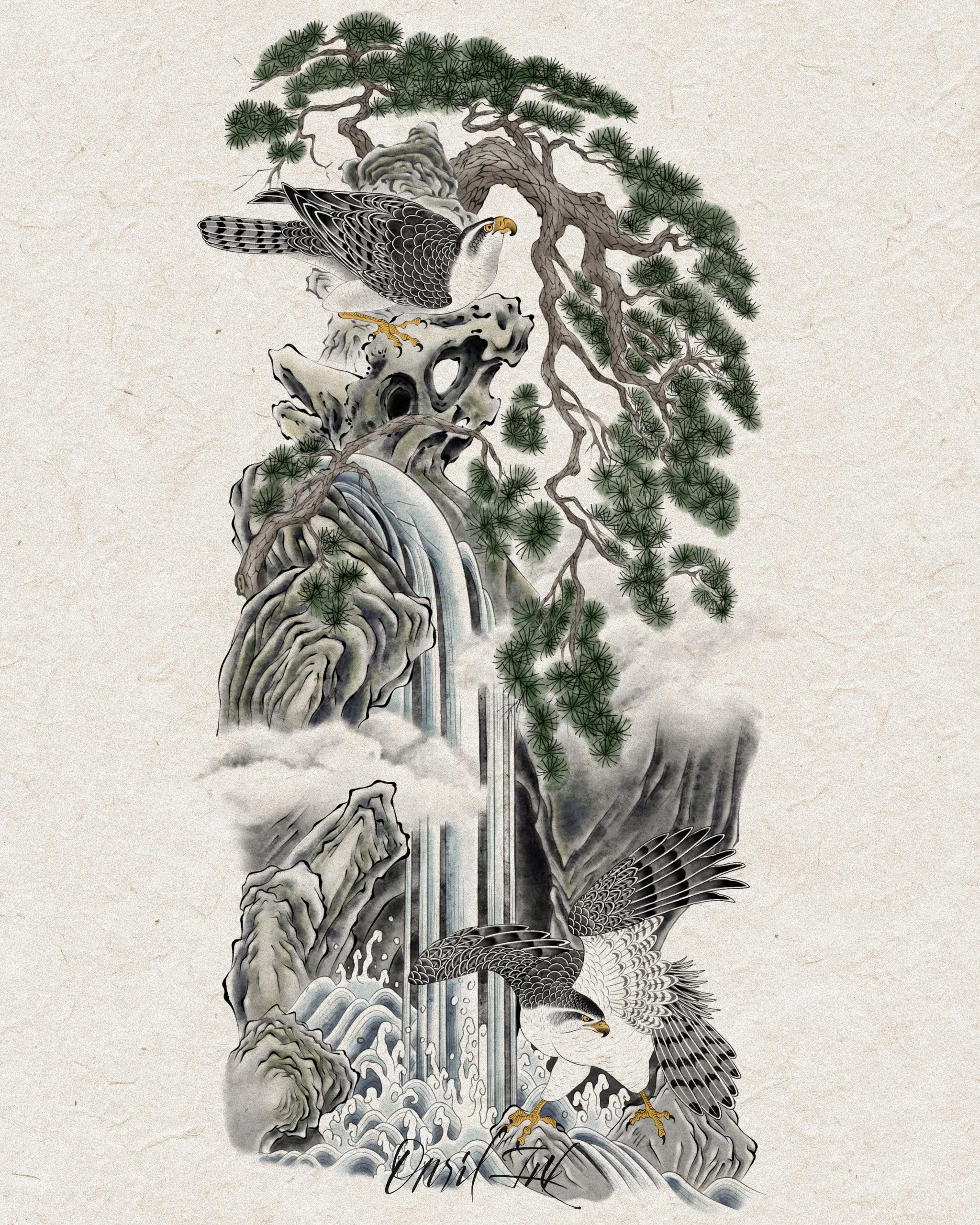 Hawks in the Valley — Korean traditional tattoo by Onsil, color design