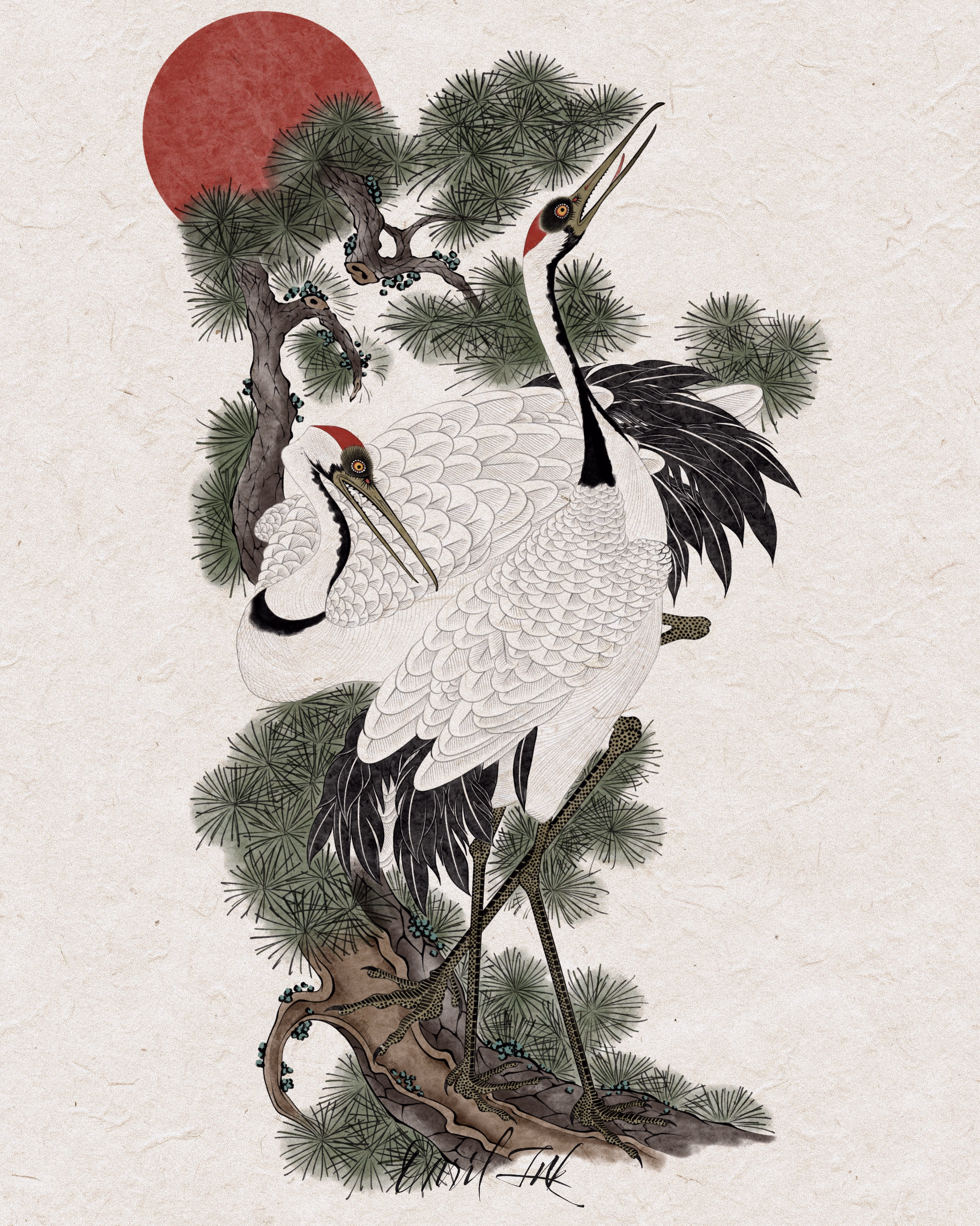 Onsil signature work — Crane & Pine, color design on hanji paper