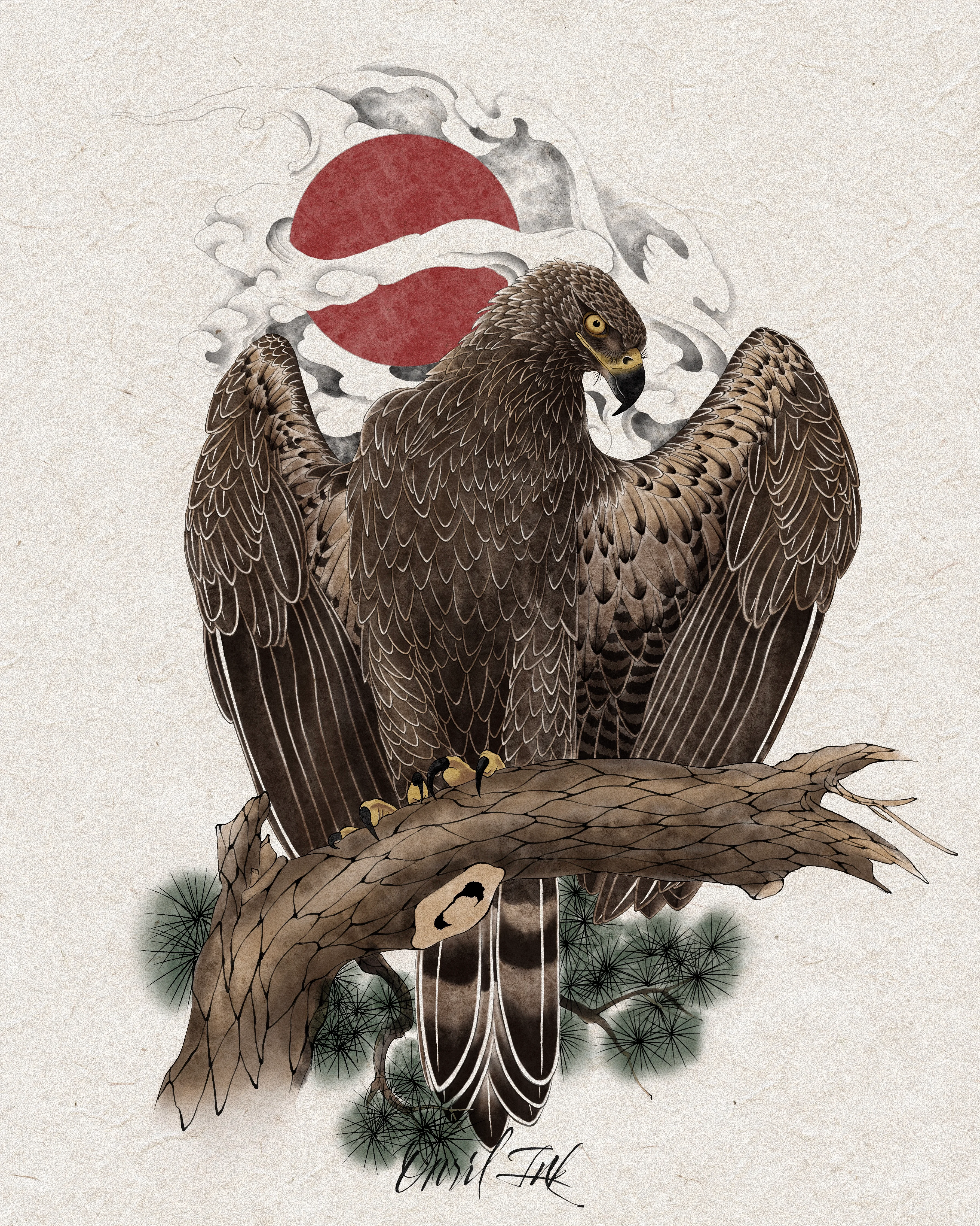 Eagle Above the Pine and Rising Sun — color design