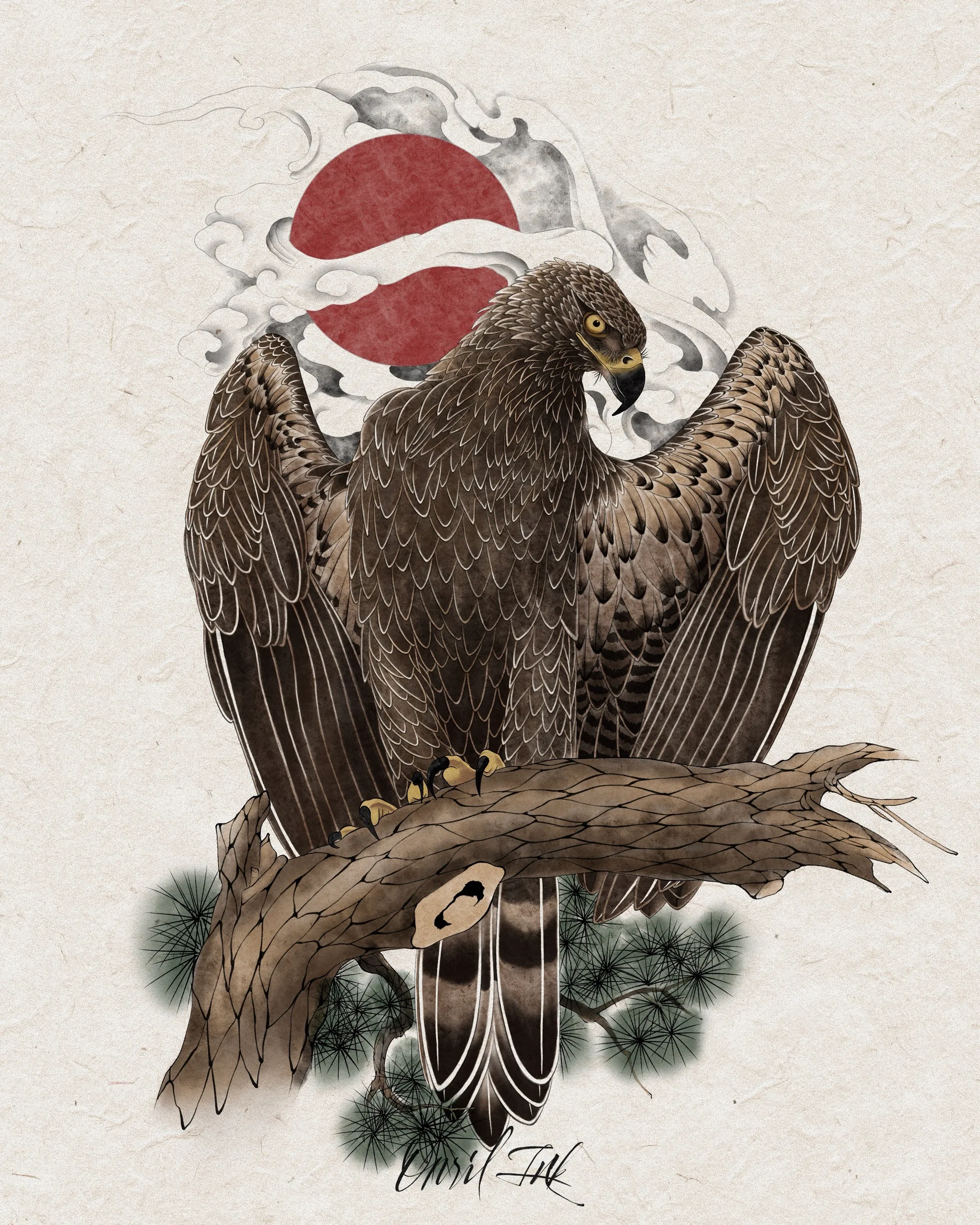 Eagle Above the Pine and Rising Sun