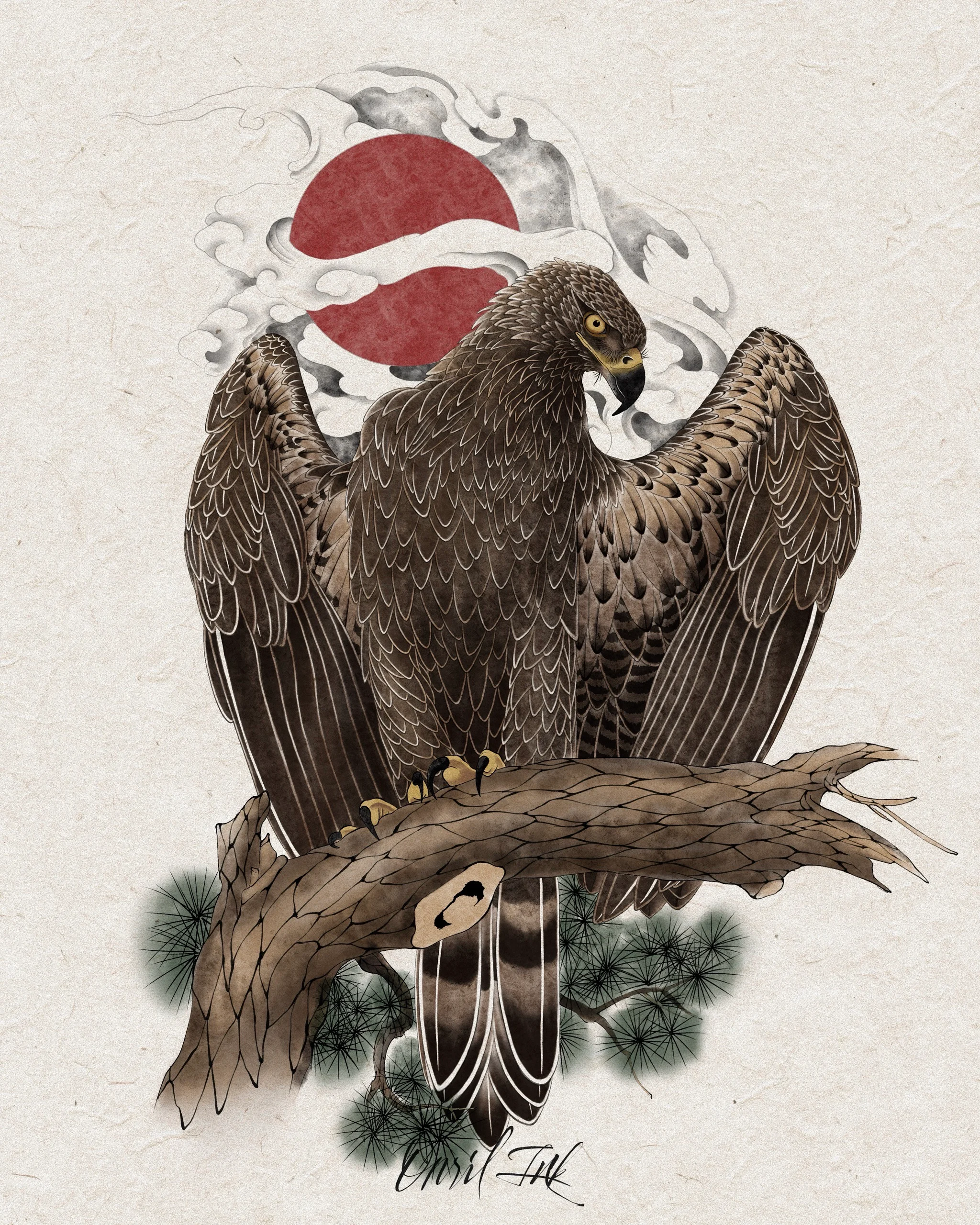 Eagle Above the Pine and Rising Sun — Korean traditional tattoo by Onsil, color design