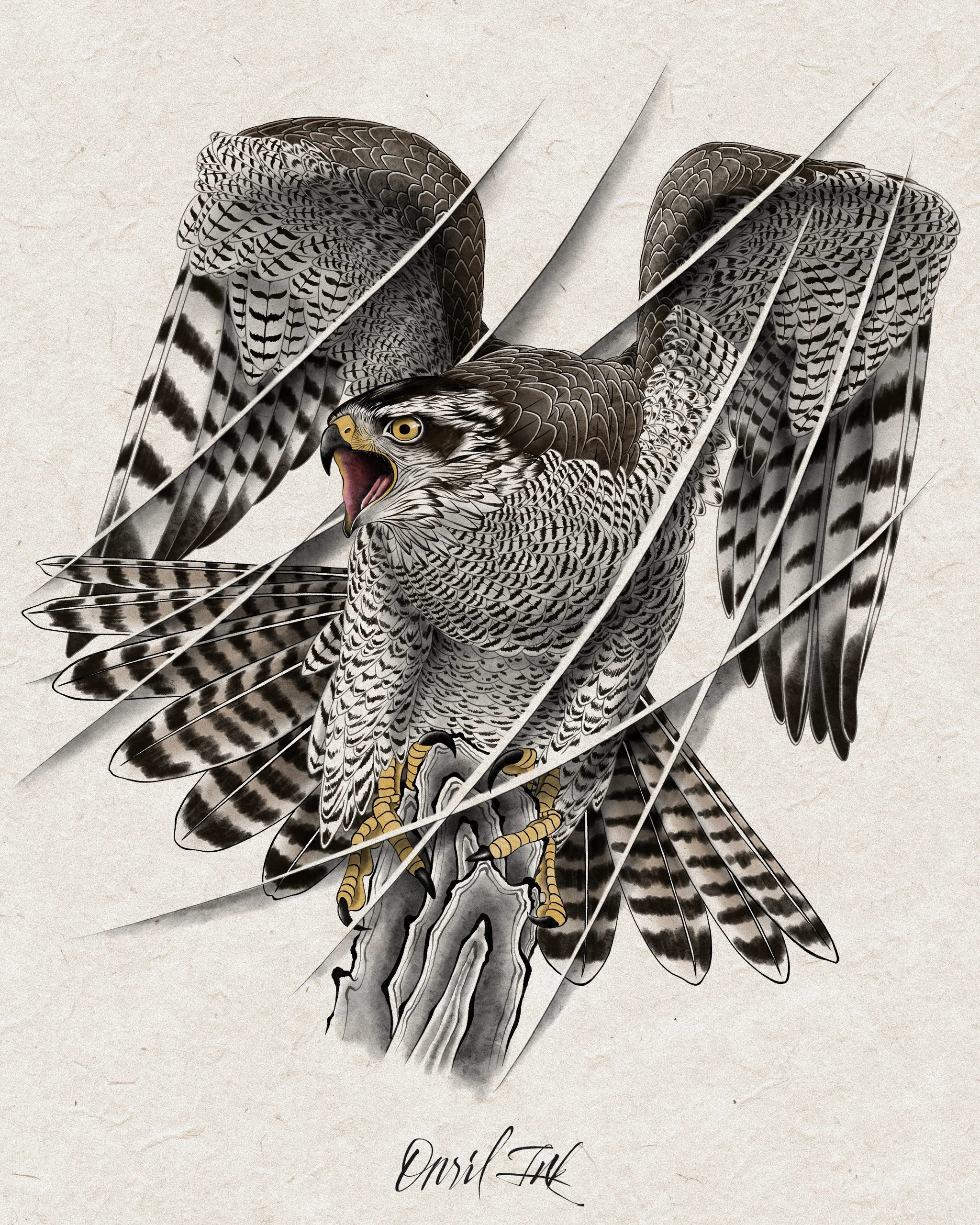 Falcon — Korean traditional tattoo by Onsil, color design