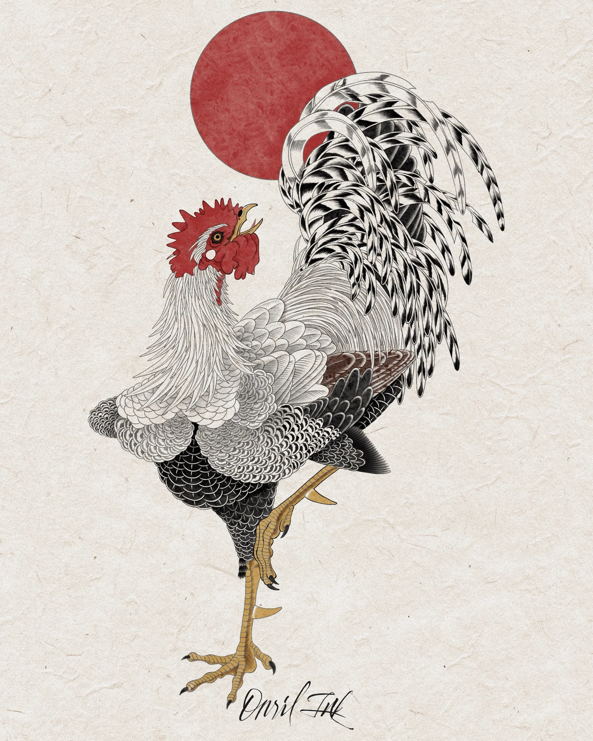White Rooster & Red Sun — Korean traditional tattoo by Onsil, color design