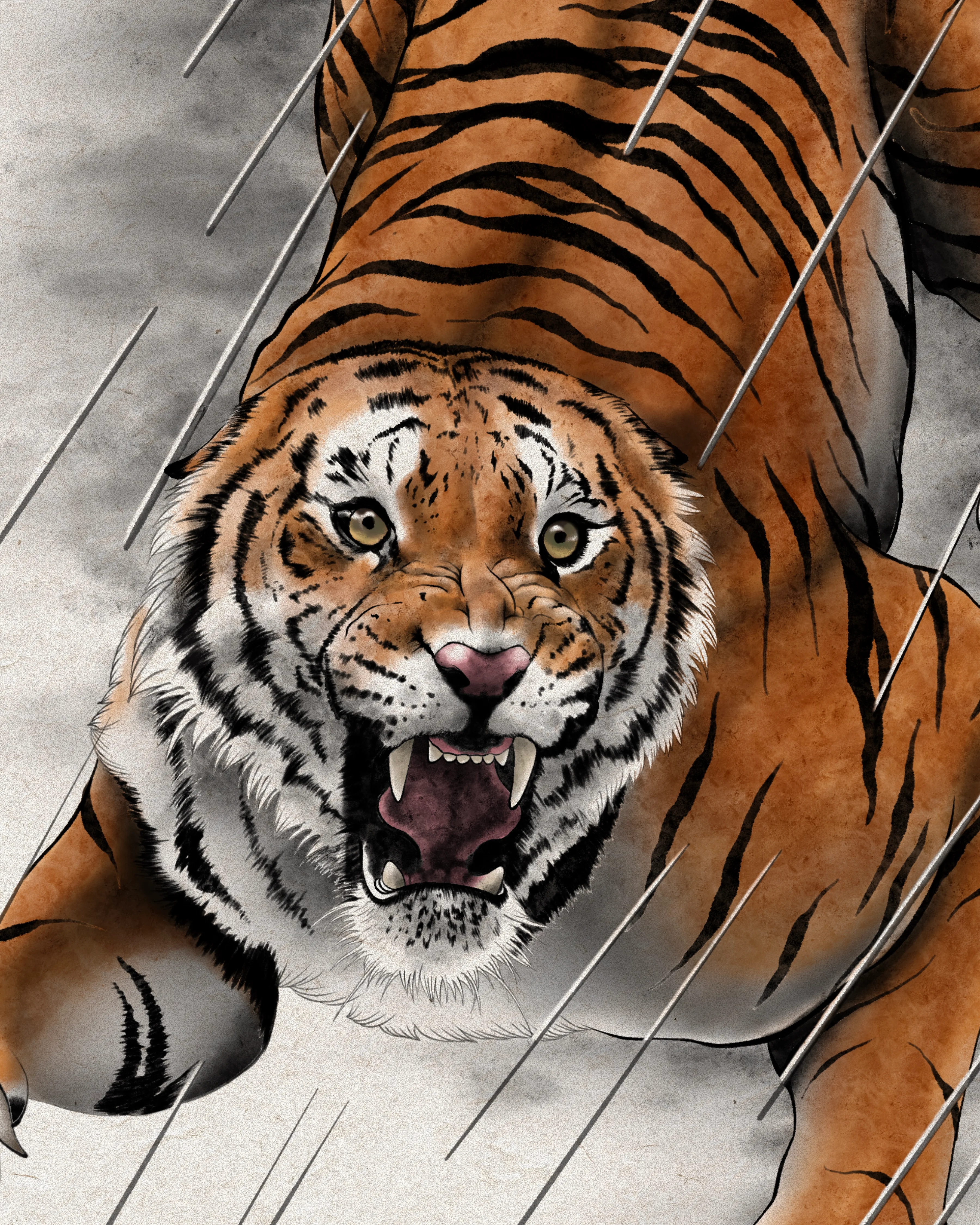 Tiger in the Rain — Detail · brushwork