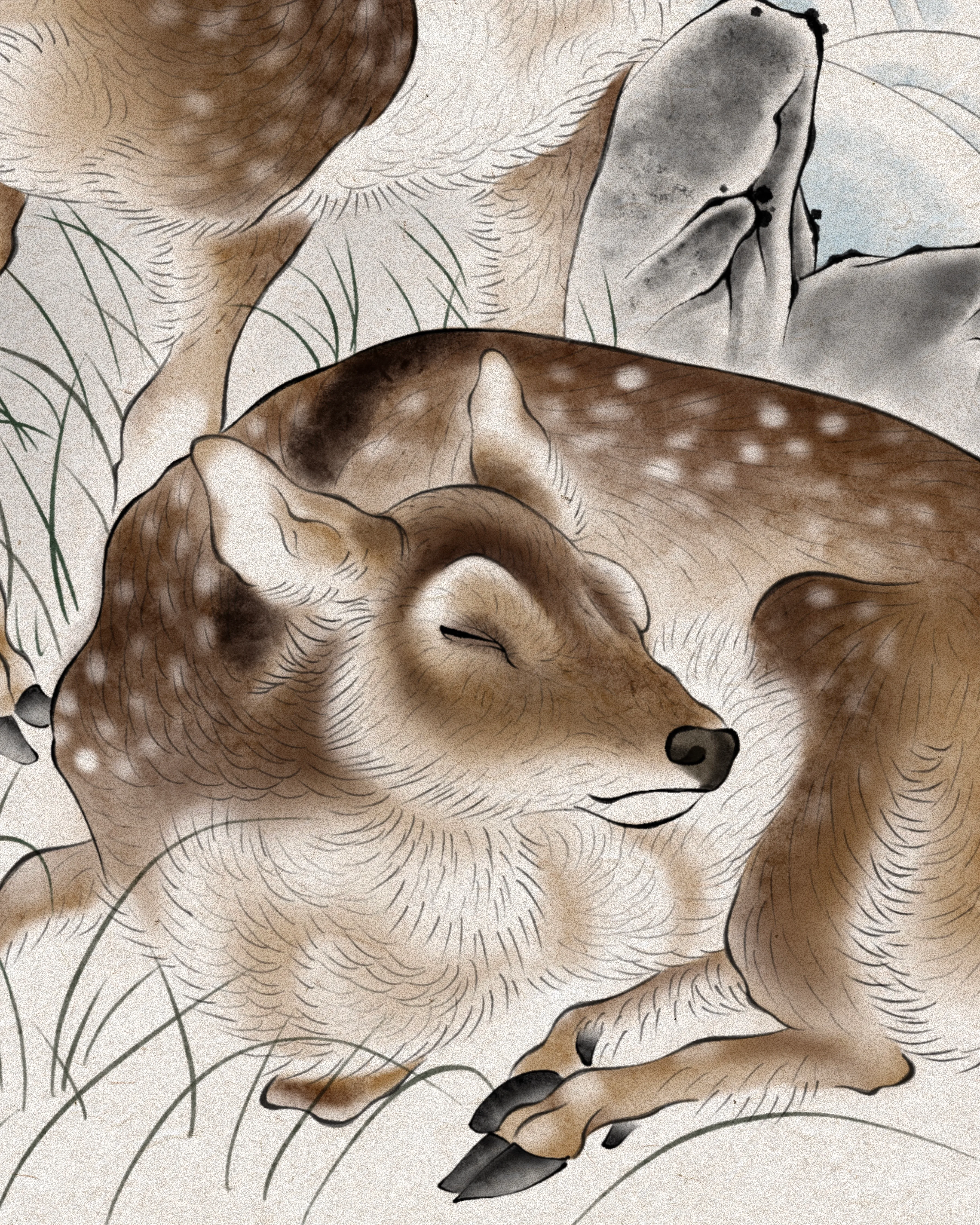 Deer Beneath the Pine — Detail · brushwork