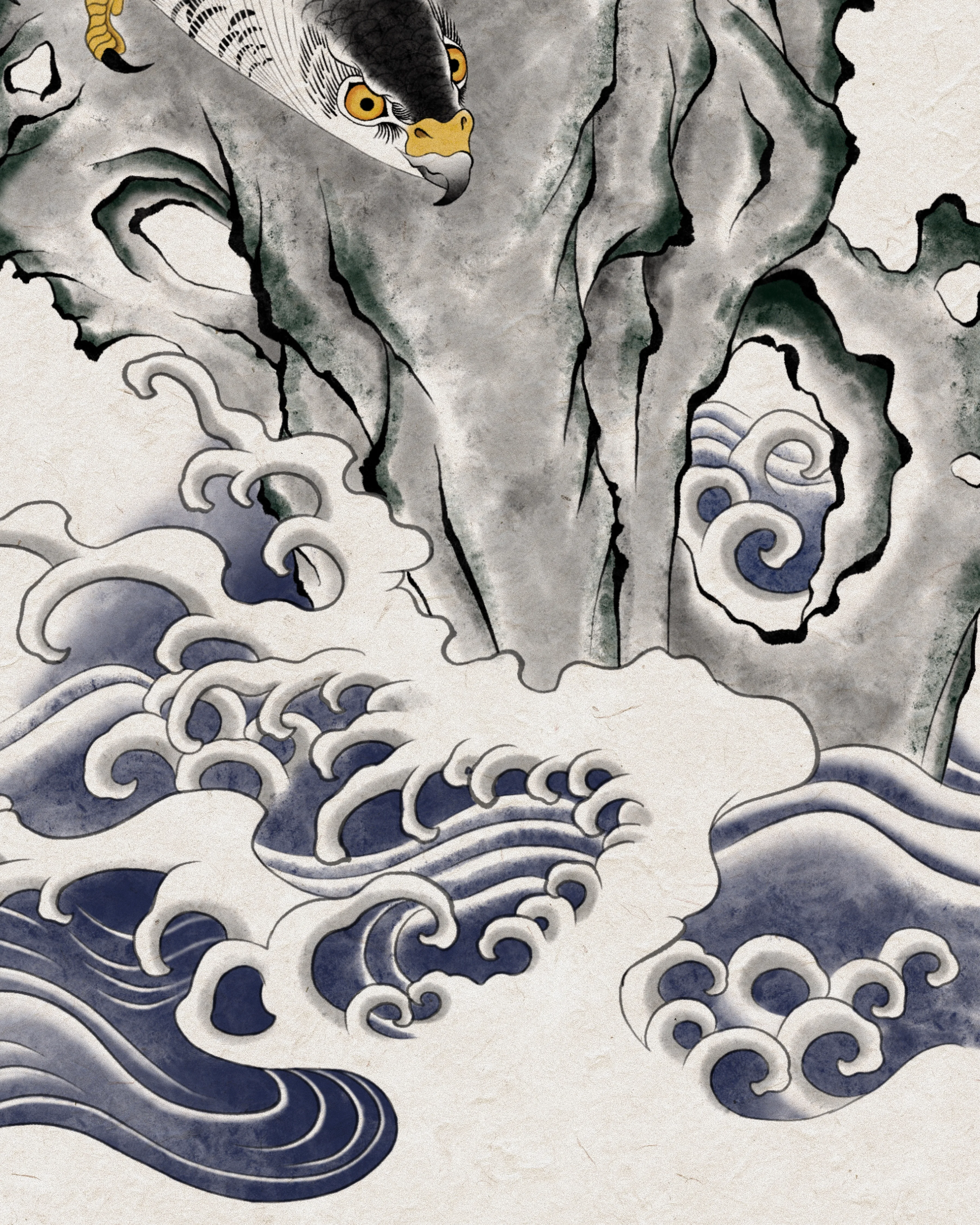 Falcon Over Rock and Waves — Detail · brushwork