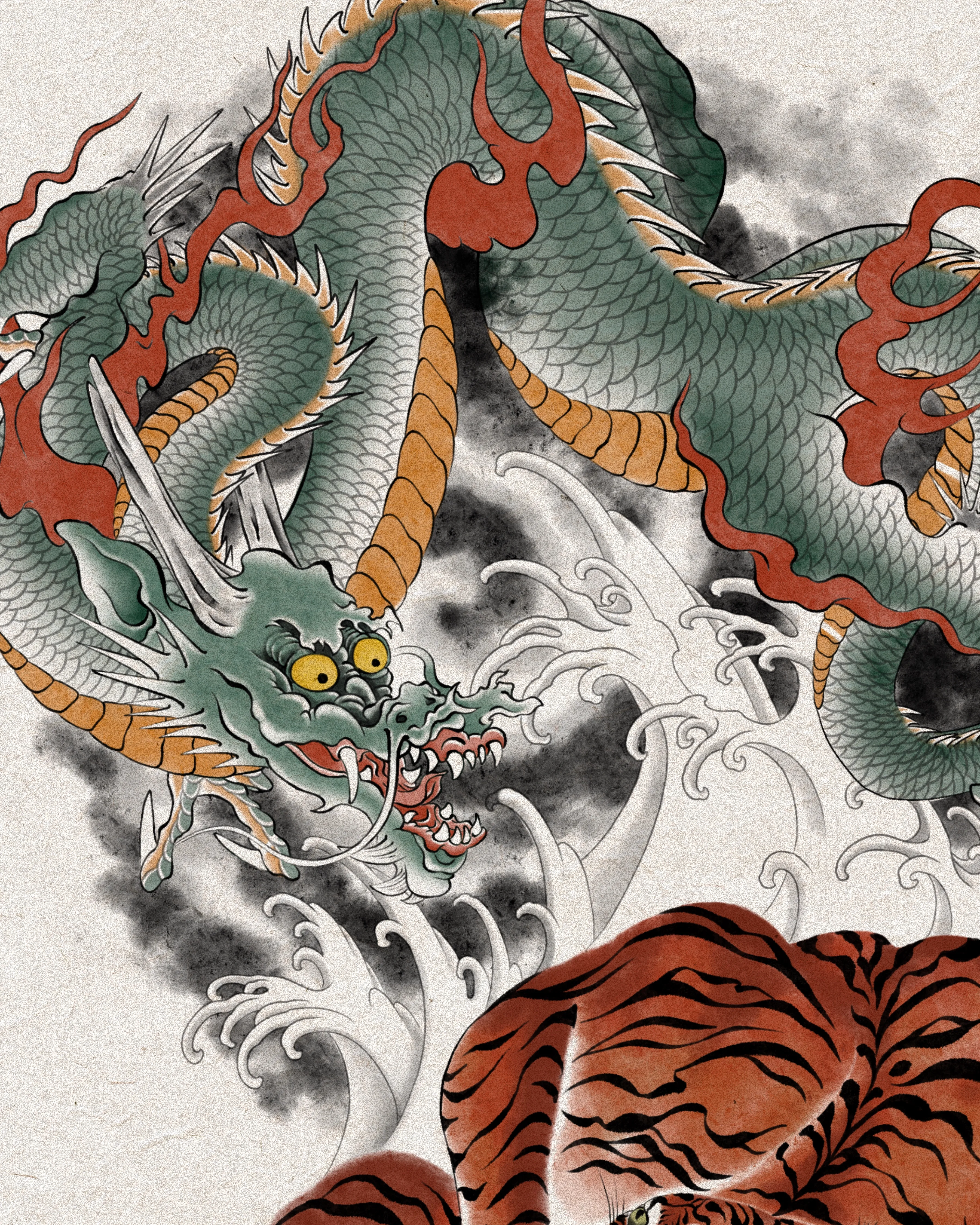 Dragon & Tiger — Detail · brushwork