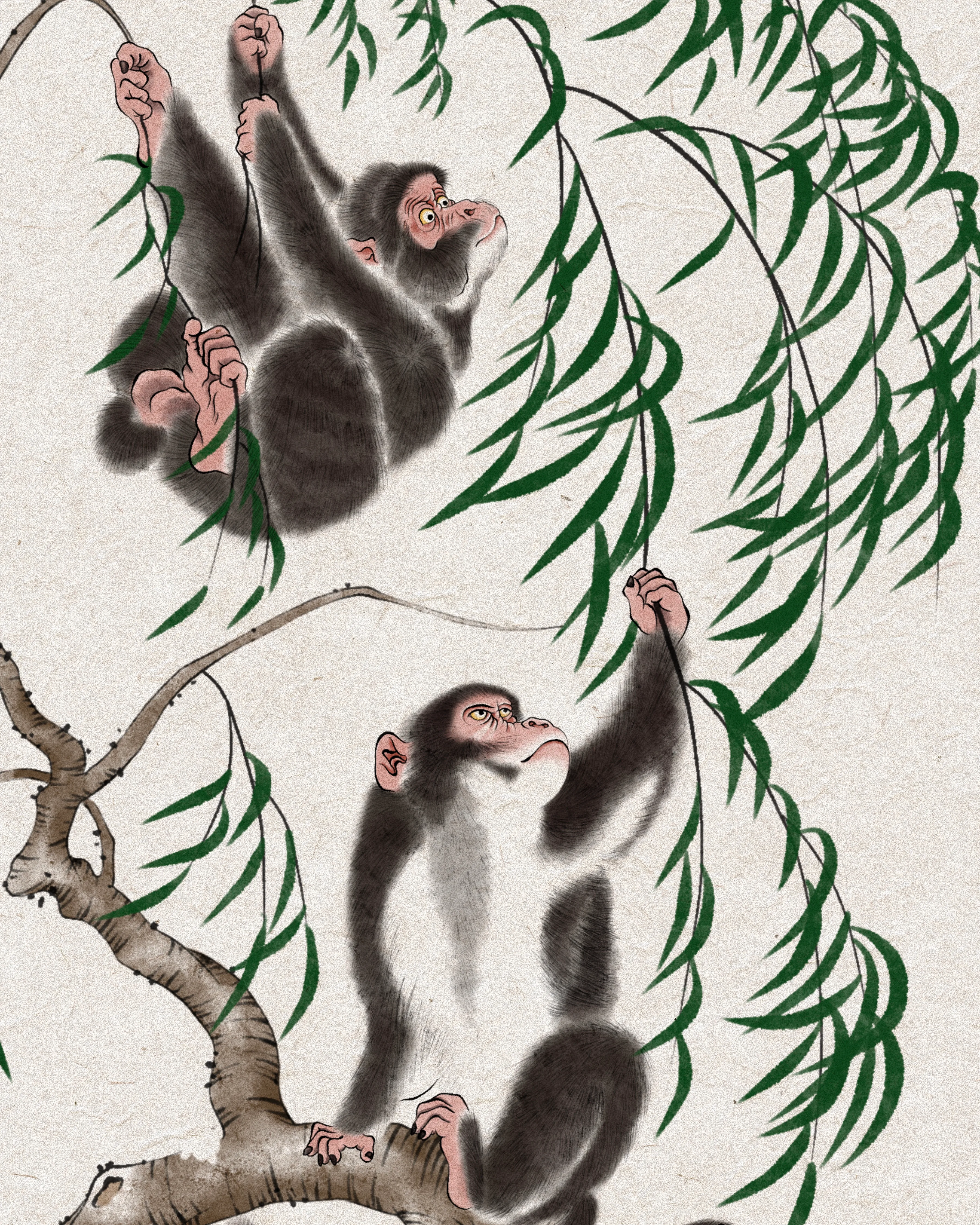 Monkeys Among Willows — Detail · brushwork