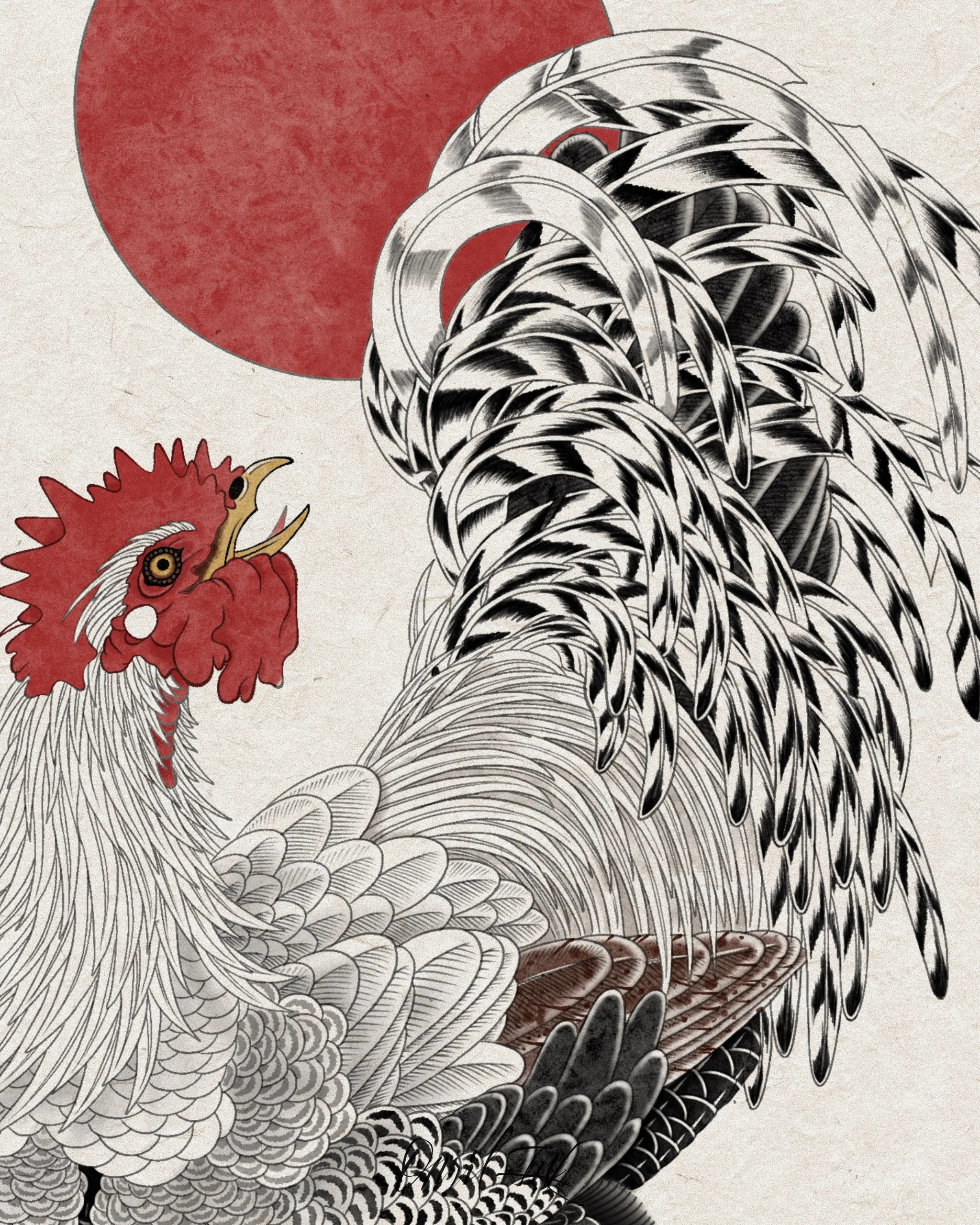 White Rooster & Red Sun — Rooster tattoo detail