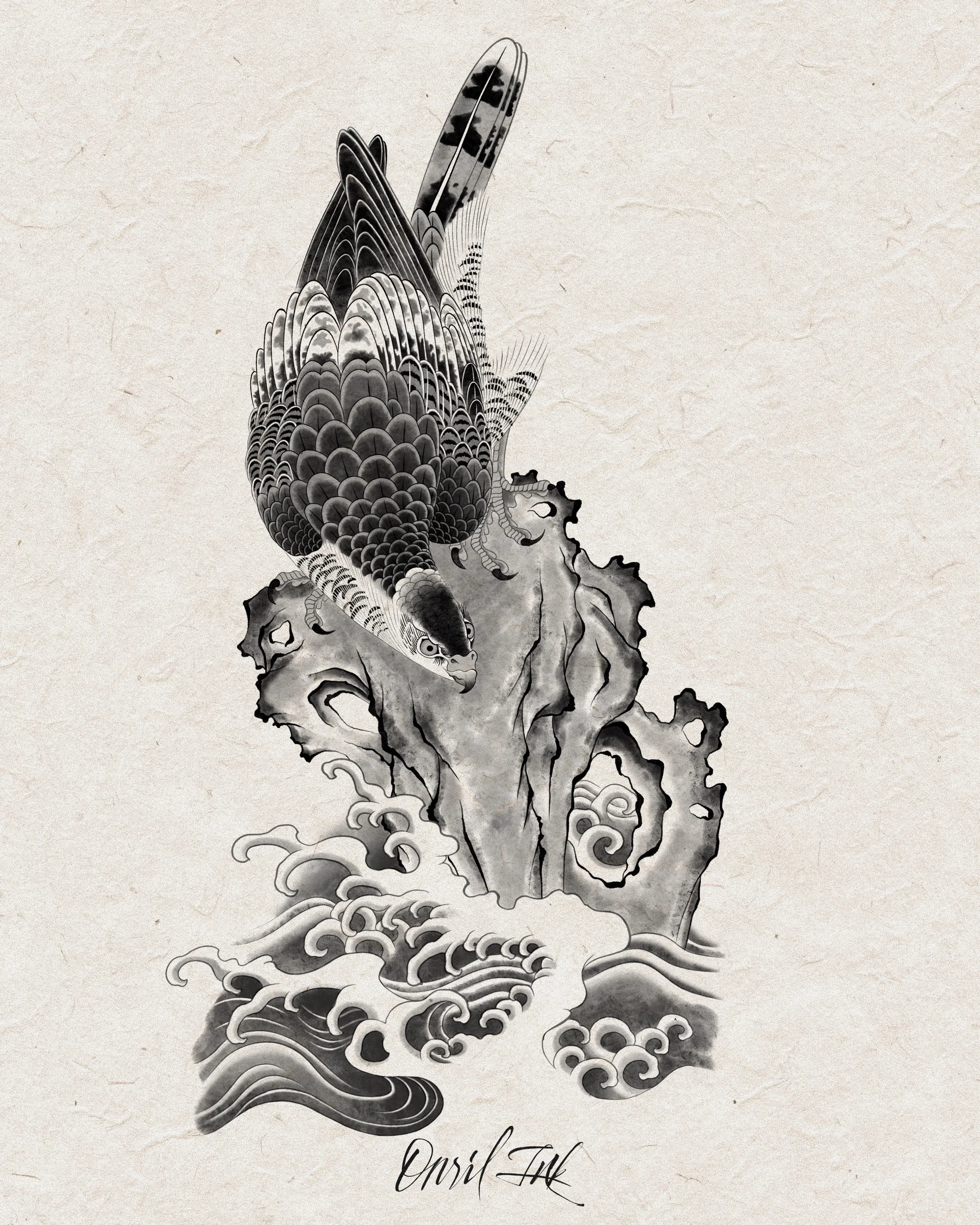Falcon Over Rock and Waves — mono variant
