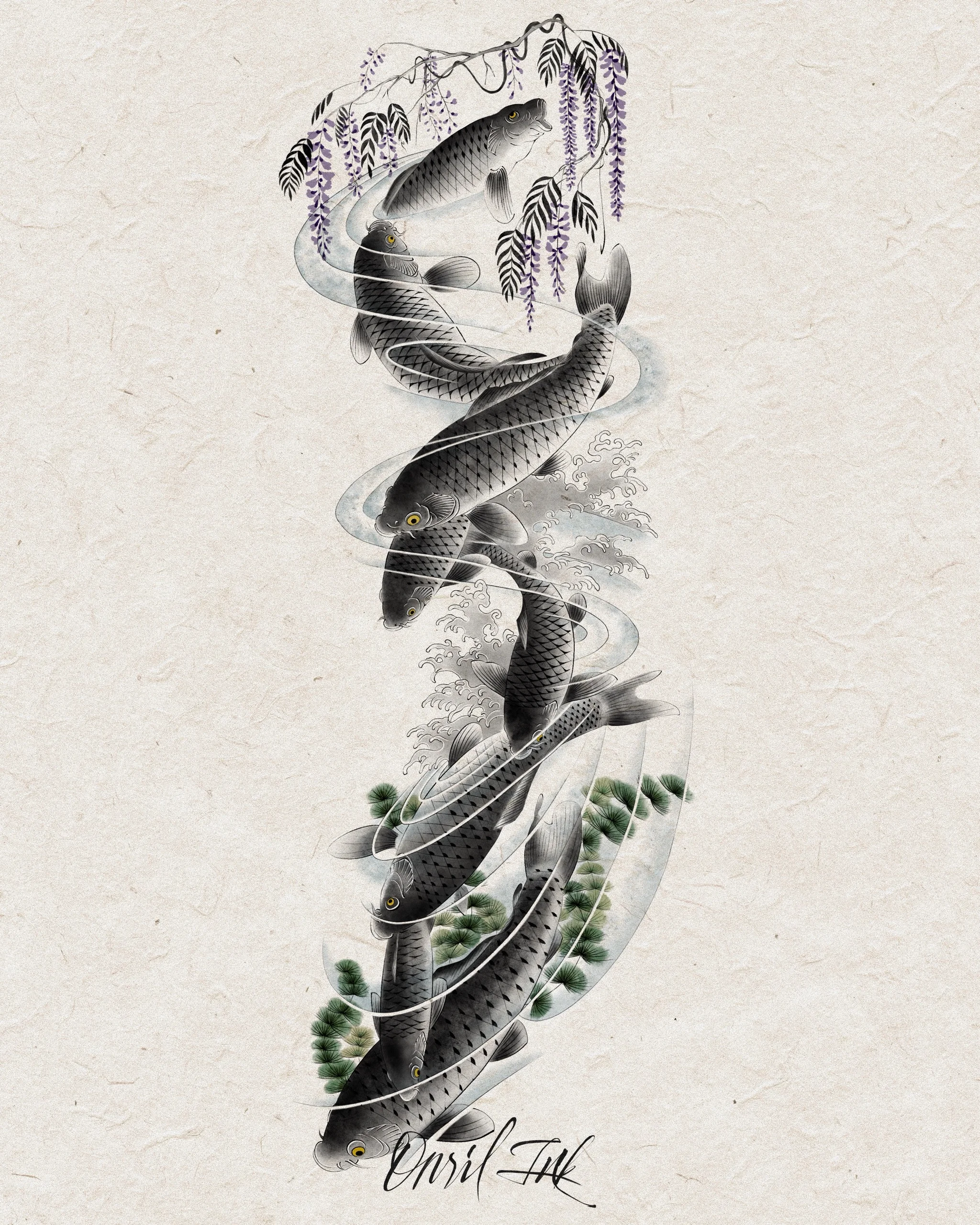 Koi and Wisteria — Korean traditional tattoo by Onsil, design