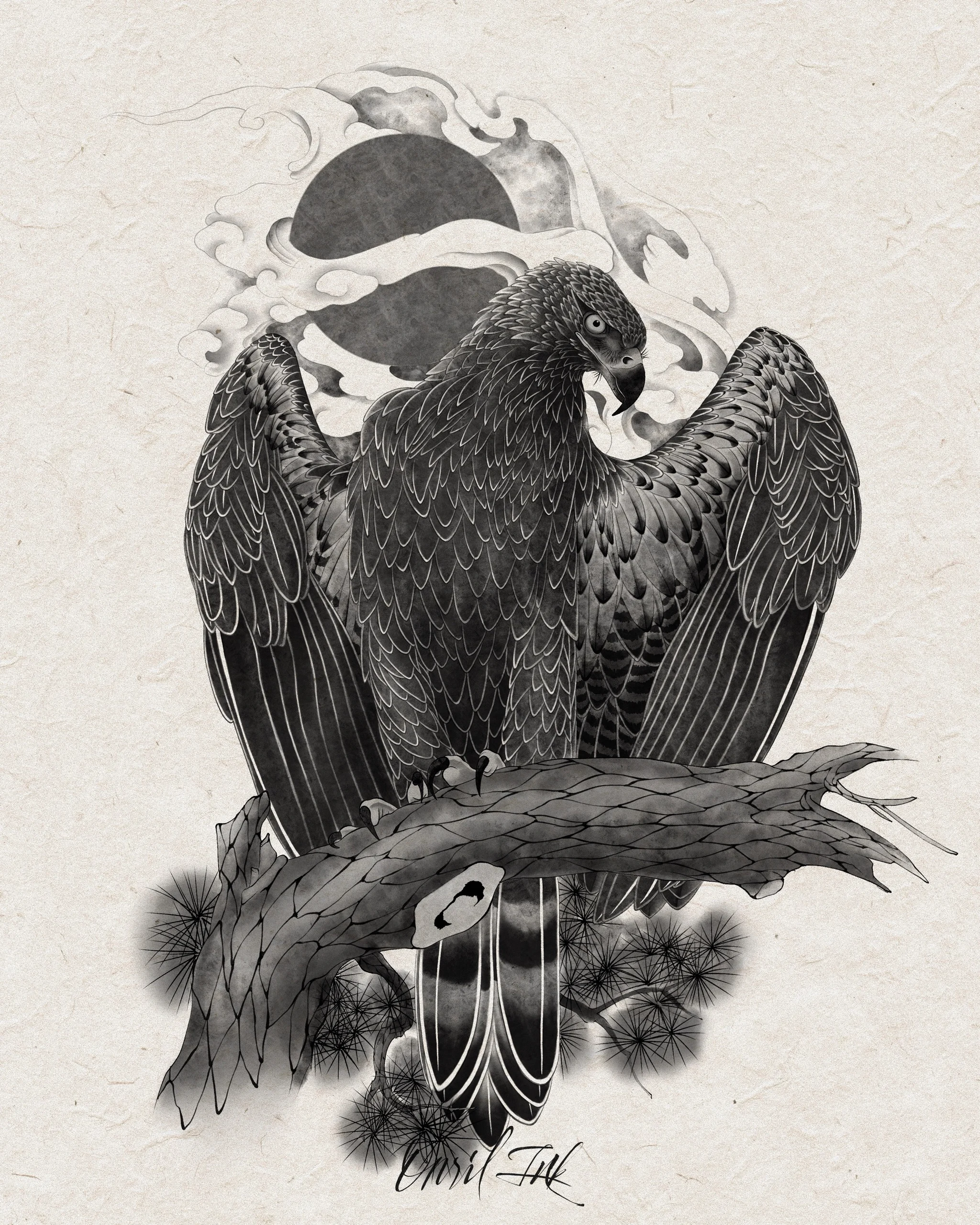 Eagle Above the Pine and Rising Sun — mono variant