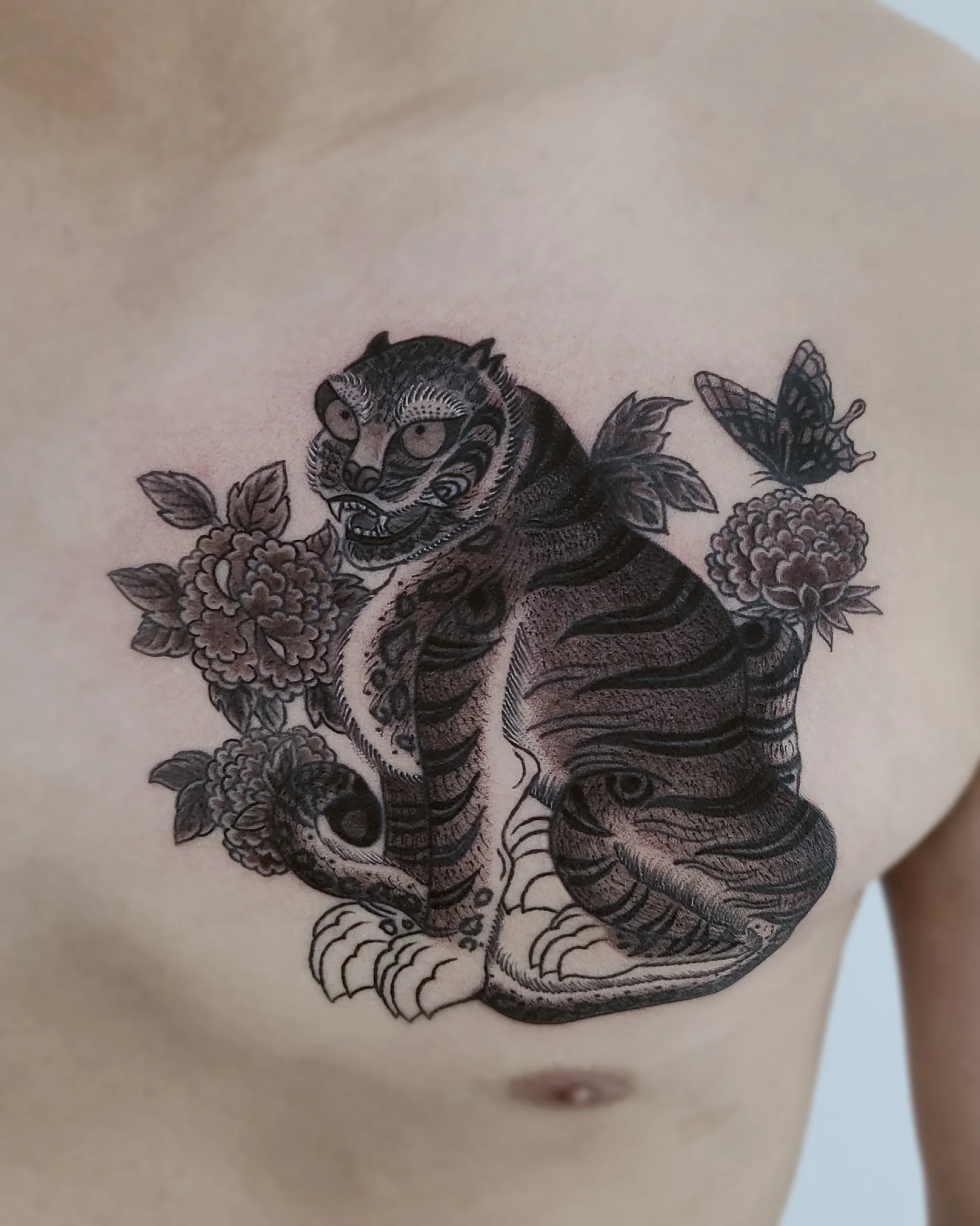 Tiger, Peony & Butterfly — Korean traditional tattoo by Onsil, on the skin