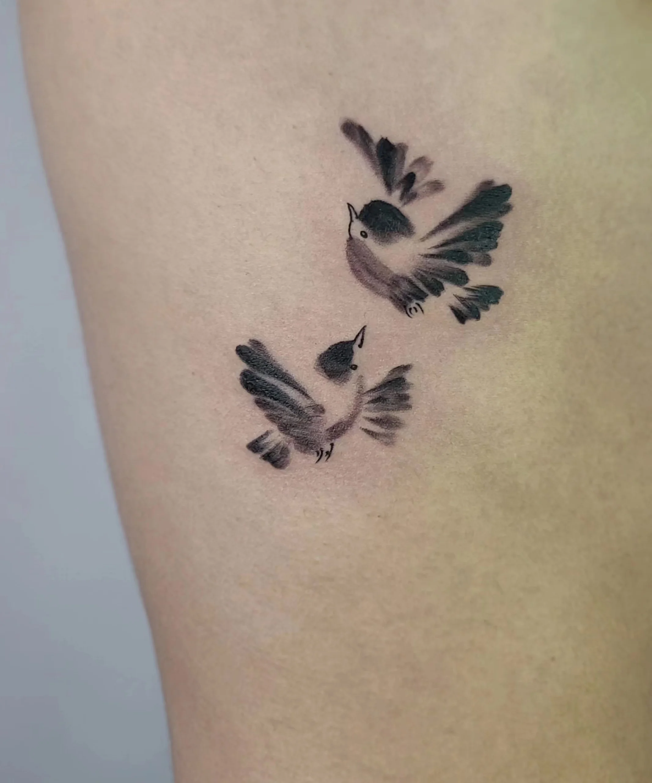 Two Sparrows — Korean traditional tattoo by Onsil, on the skin