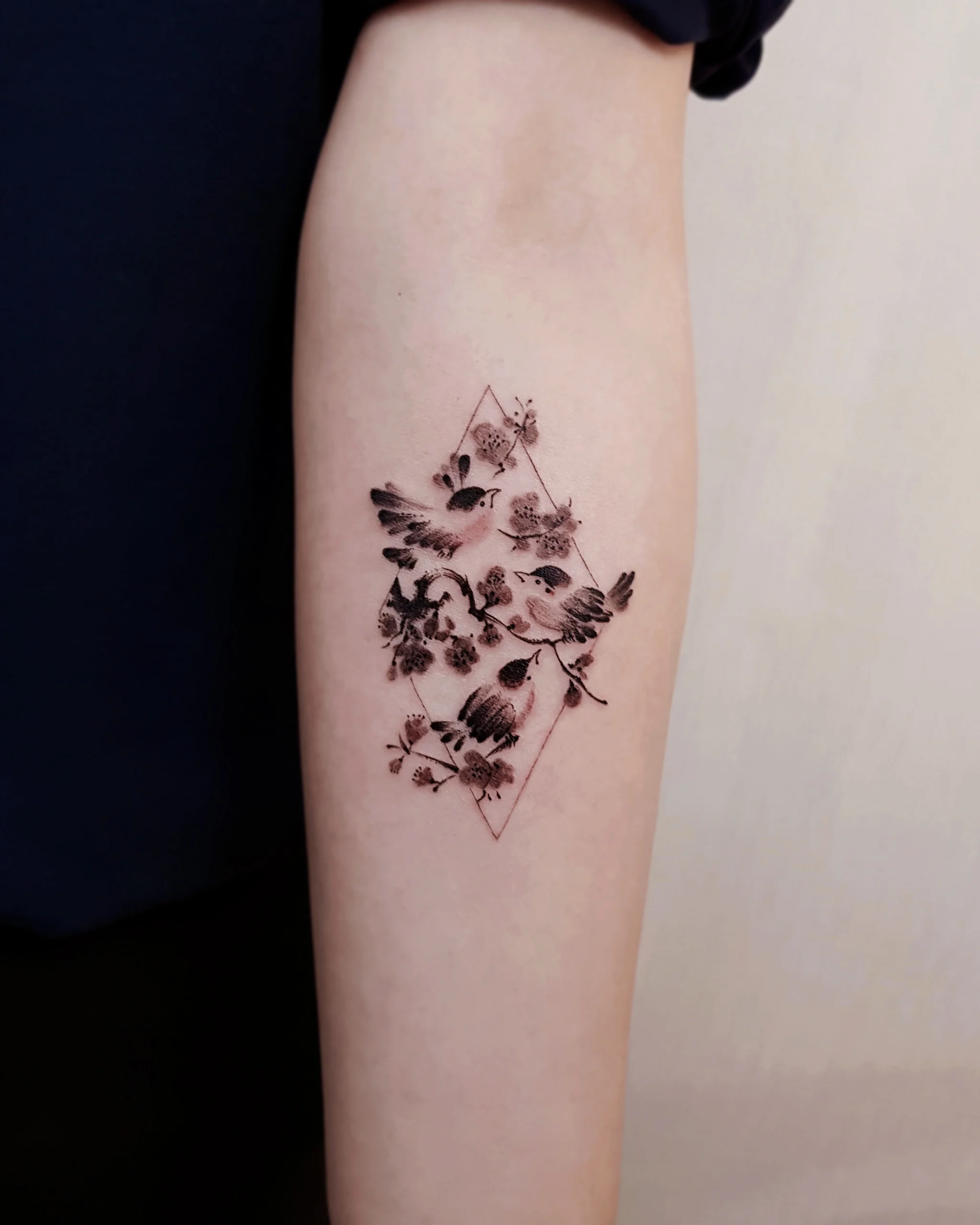 Sparrows in Diamond — Korean traditional tattoo by Onsil, on the skin