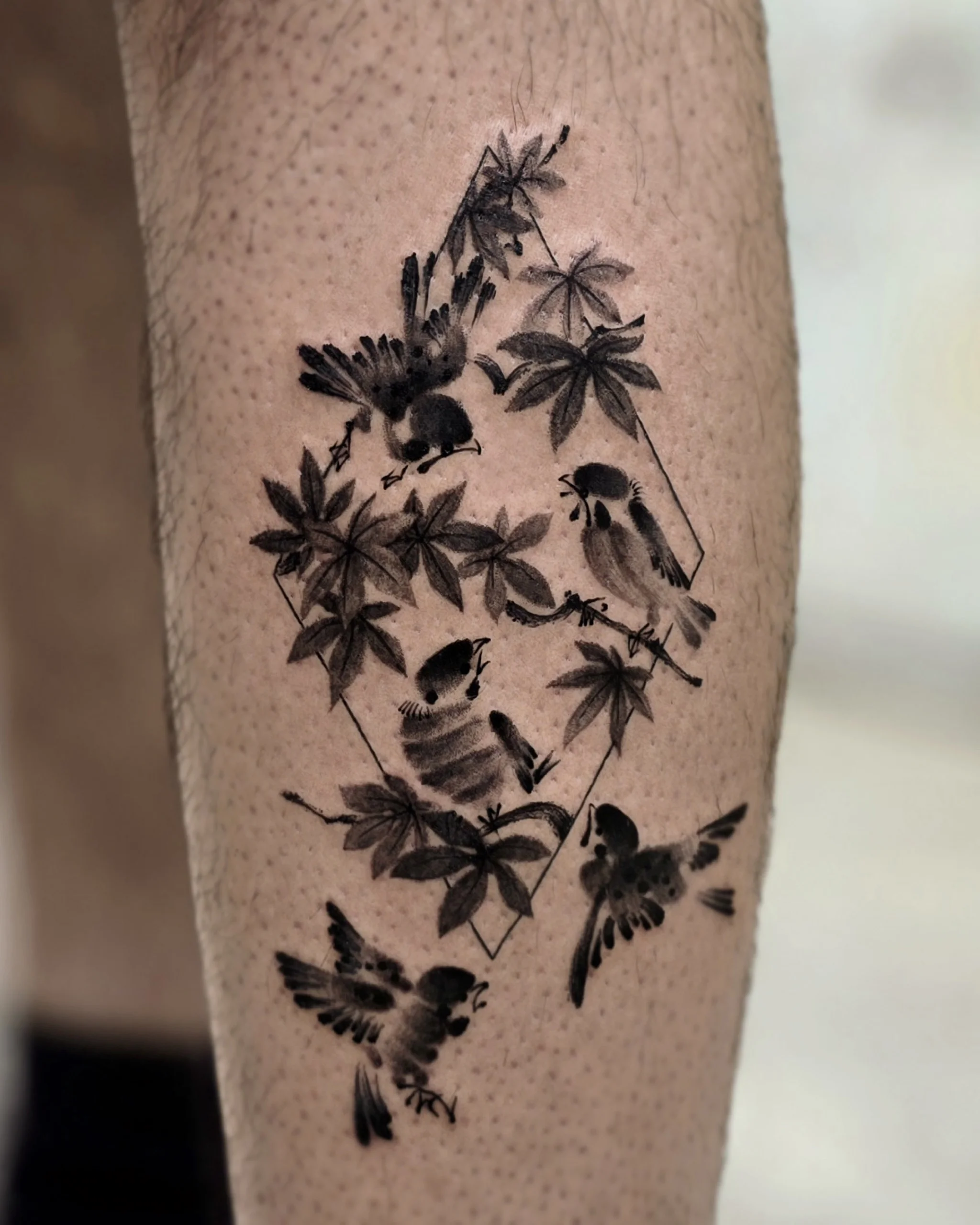 Sparrow & Maple Leaves — Korean traditional tattoo by Onsil, on the skin