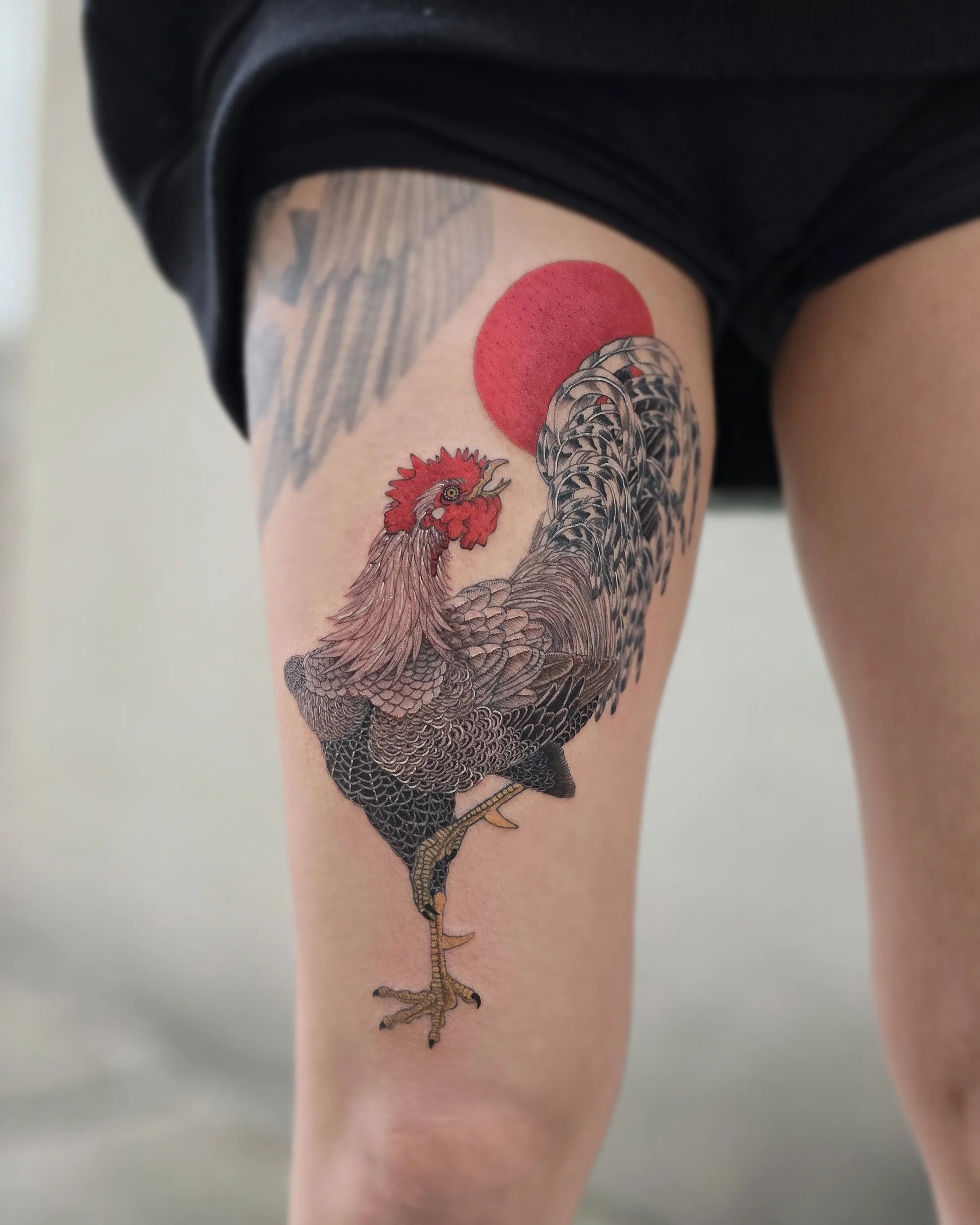 White Rooster & Red Sun — On the skin · rooster, red sun