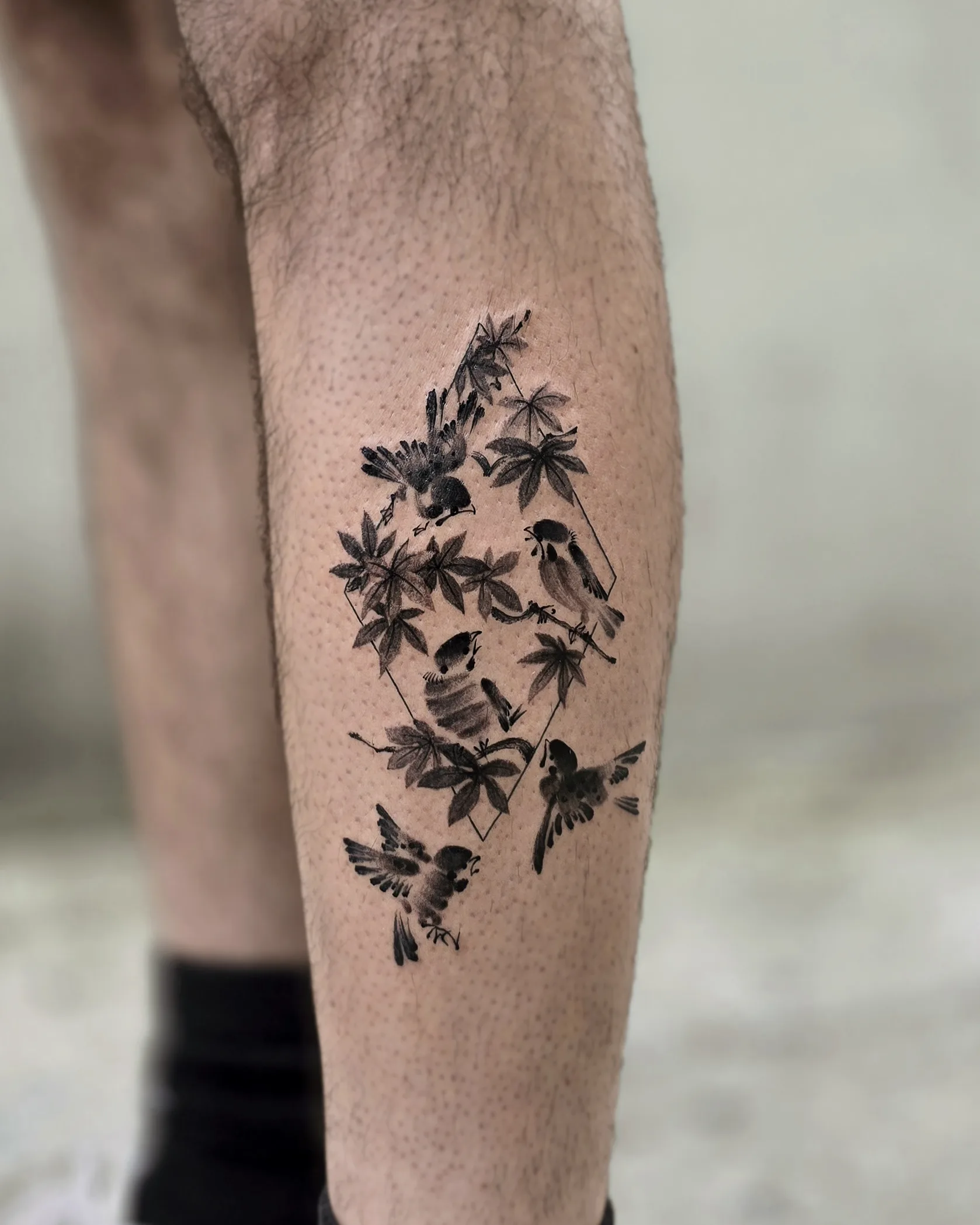 Sparrow & Maple Leaves — On the skin · sparrow, maple leaves
