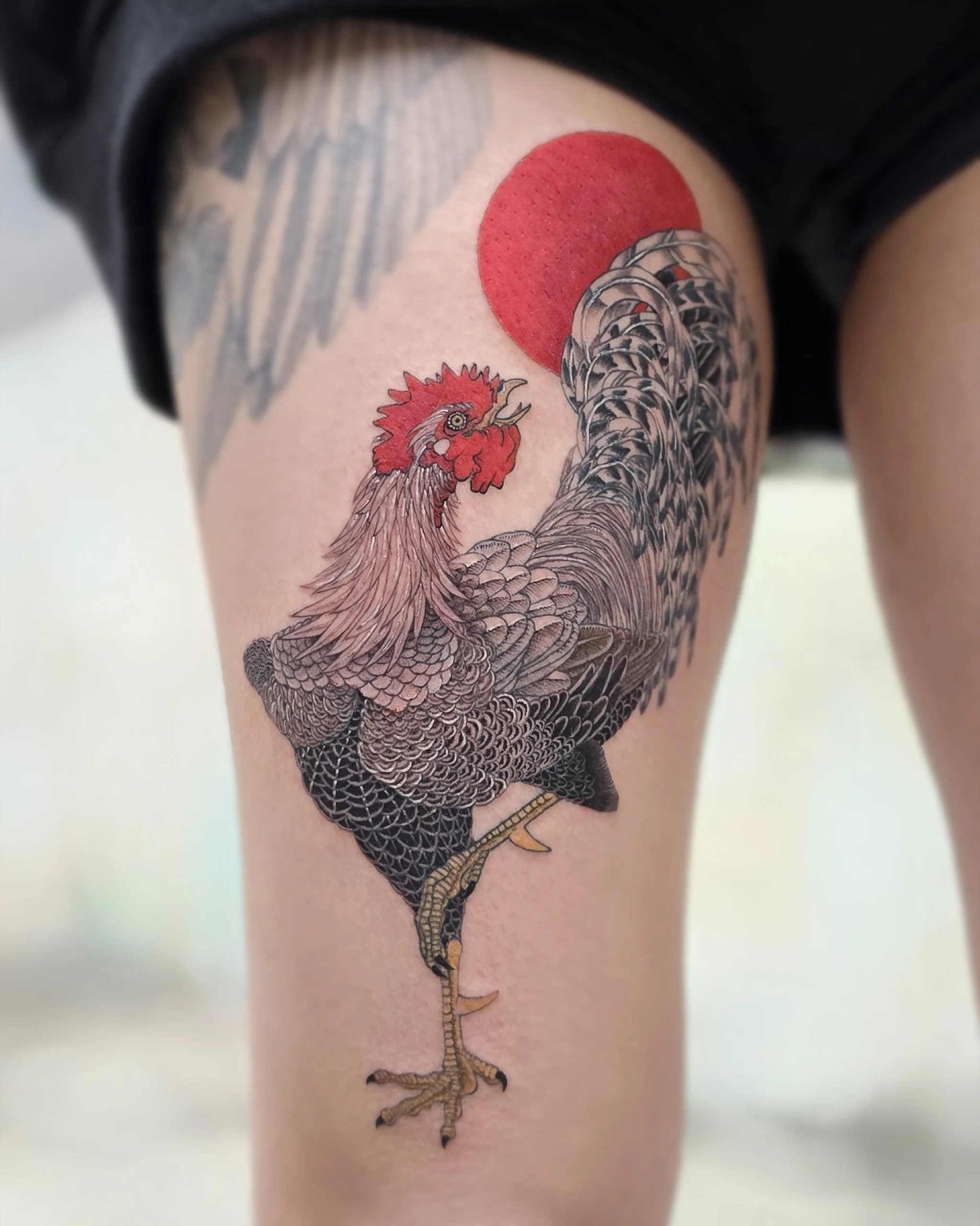 White Rooster & Red Sun — Rooster tattoo on skin